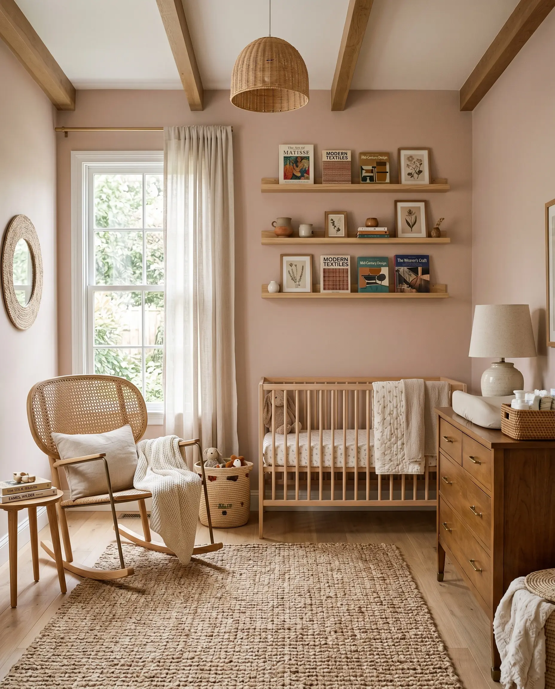 A cane-backed rocking chair and a chunky jute rug sit in an earthy chic nursery surrounded by warm mid-tone neutral walls and floating shelves.