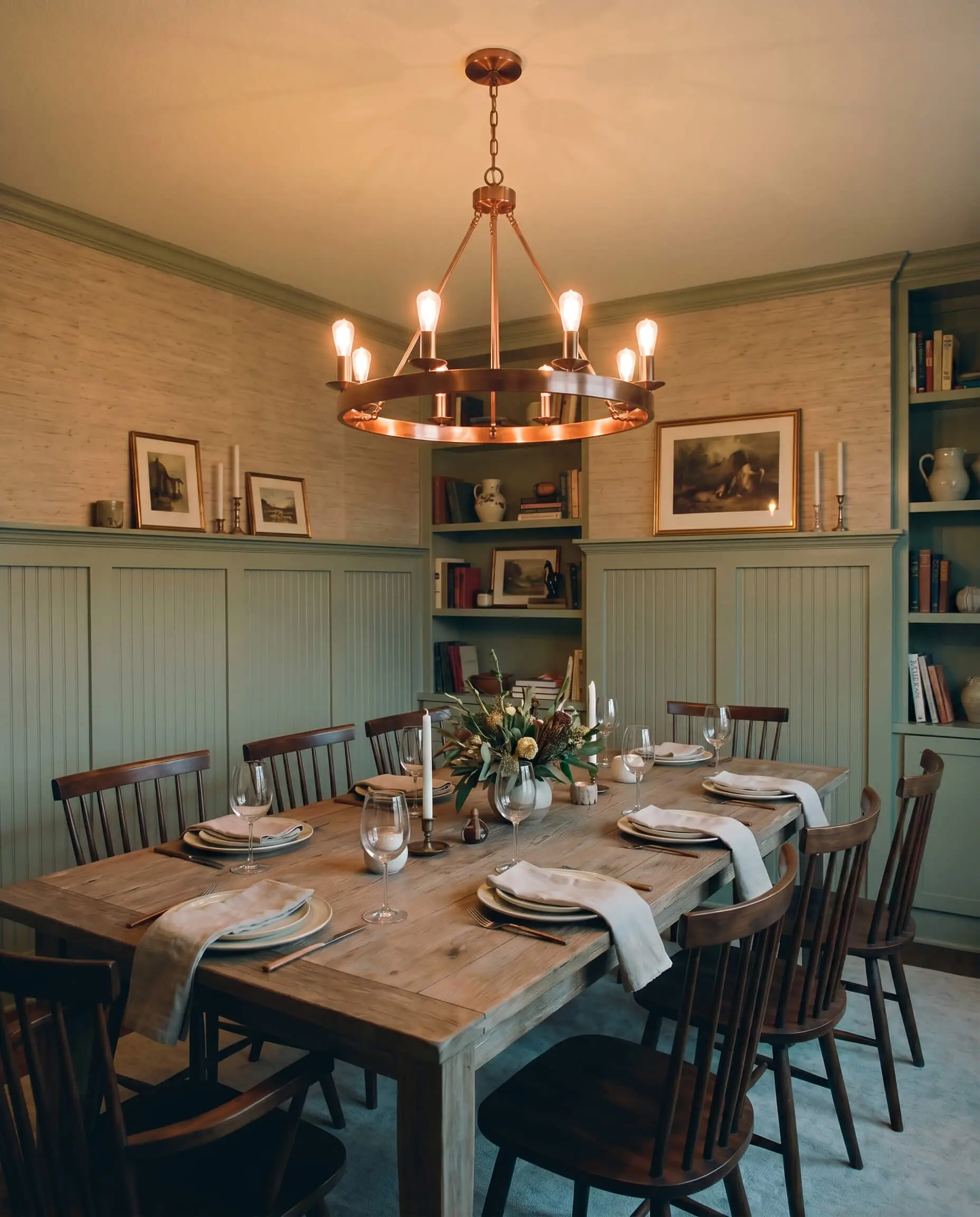 A burnished copper chandelier illuminates an intimate dining room featuring earthy green lower beadboard wainscoting, neutral grasscloth wallpaper, a weathered oak dining table, and dark walnut chairs.