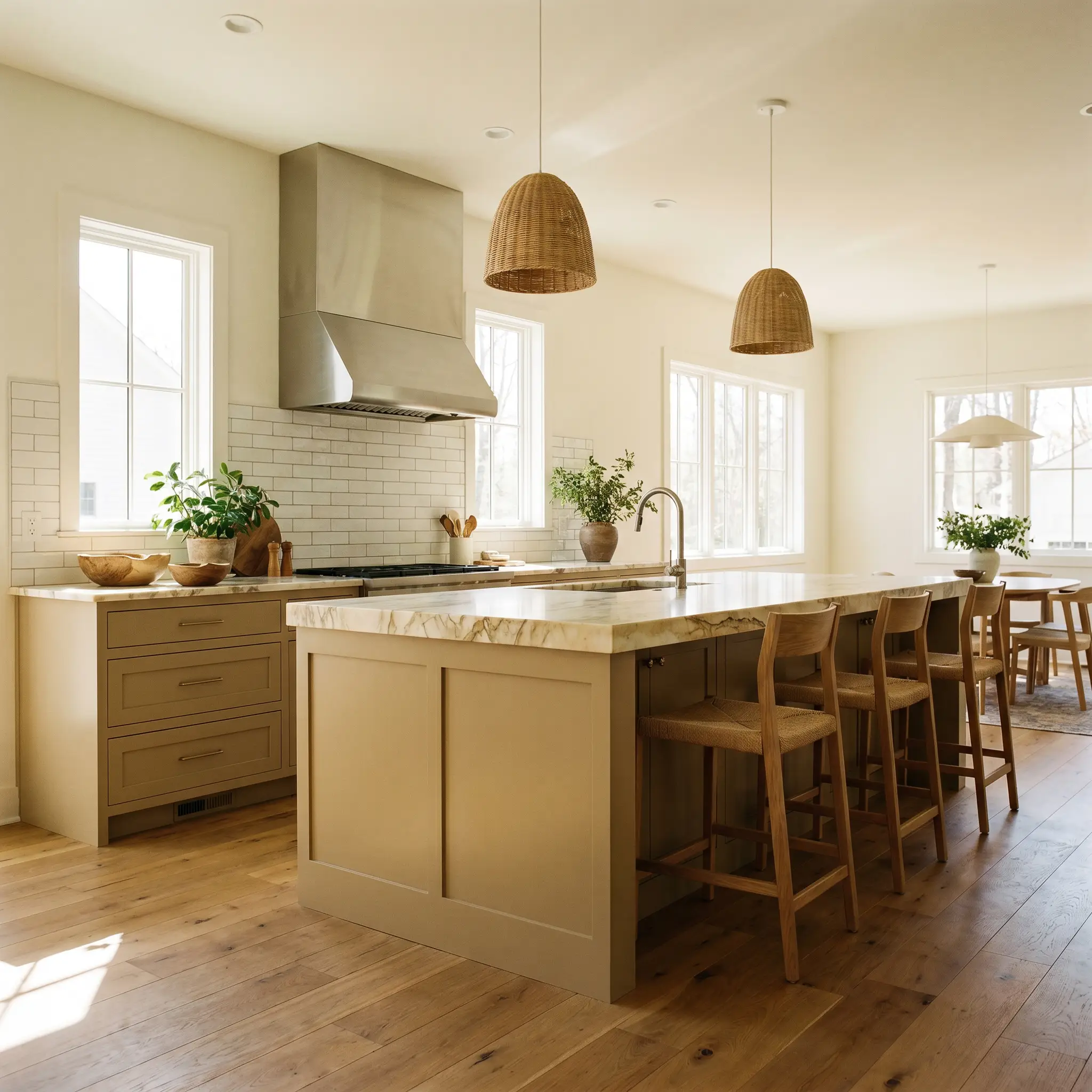 A transitional kitchen showcases lower cabinets painted in Sherwin-Williams Universal Khaki (Hex #B8A992) paired with a heavily veined warm marble slab backsplash and classic subway tile accents.