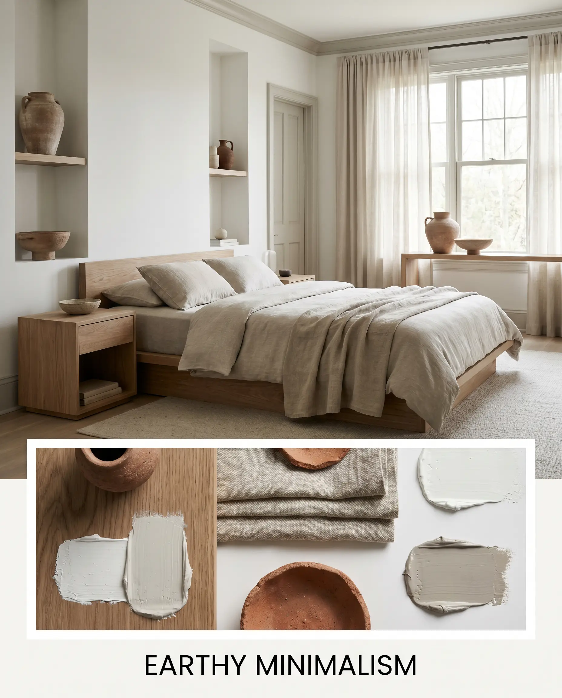 An editorial layout titled EARTHY MINIMALISM features a restorative bedroom with raw fumed European oak furniture above an inset flat-lay of heavyweight Belgian linen and deeply textured terracotta ceramics.