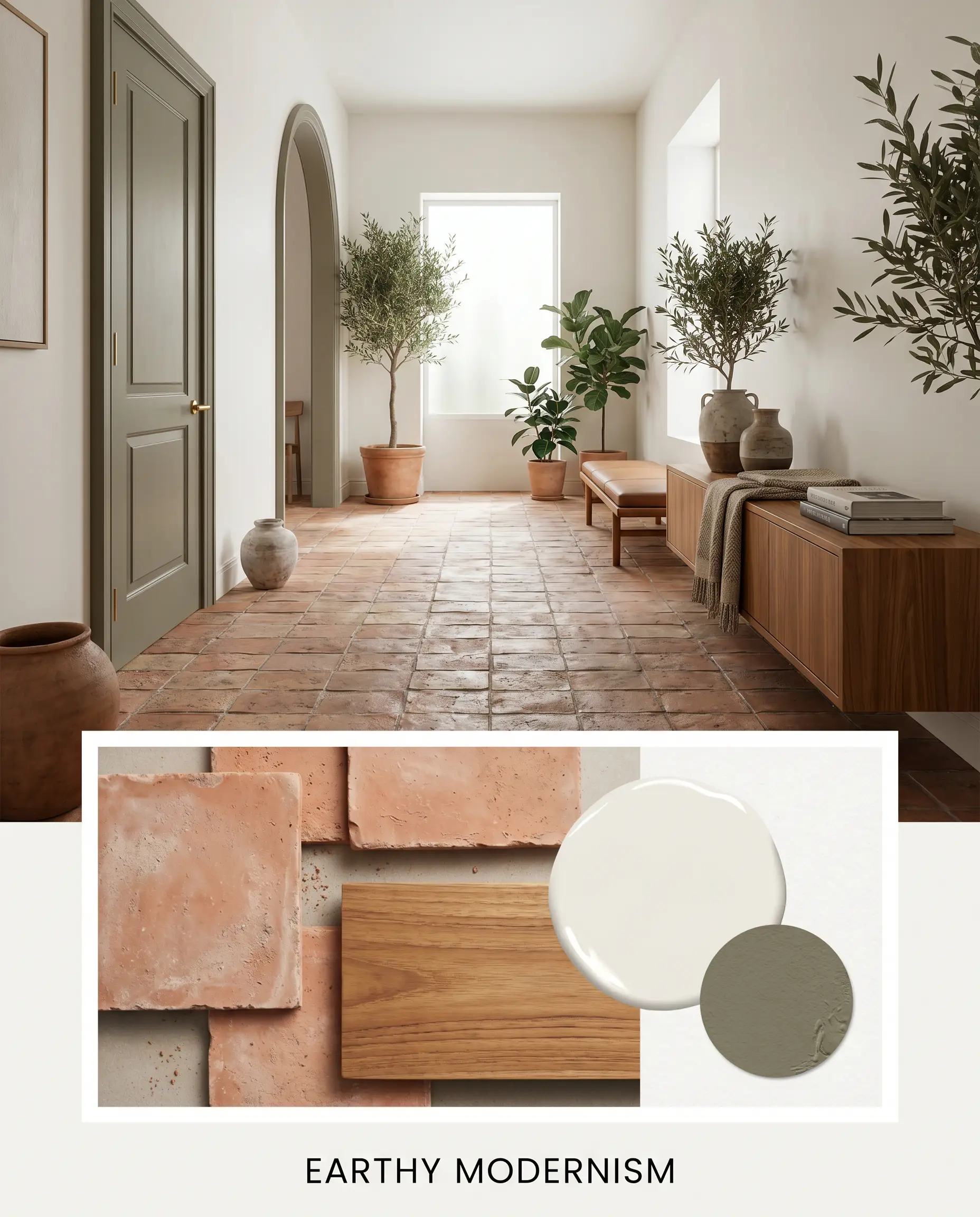 An Earthy Modernism flat-lay combines raw terracotta floor tiles and sleek teak wood textures over a luminous warm off-white architectural background.