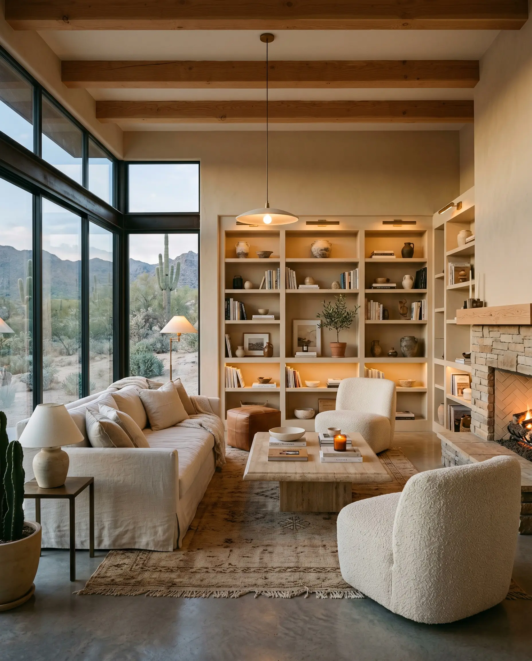 A Desert Modern living room features warm khaki tone walls, built-in bookcases, a slipcovered washed linen sofa, chunky boucle accent chairs, and a honed travertine coffee table.