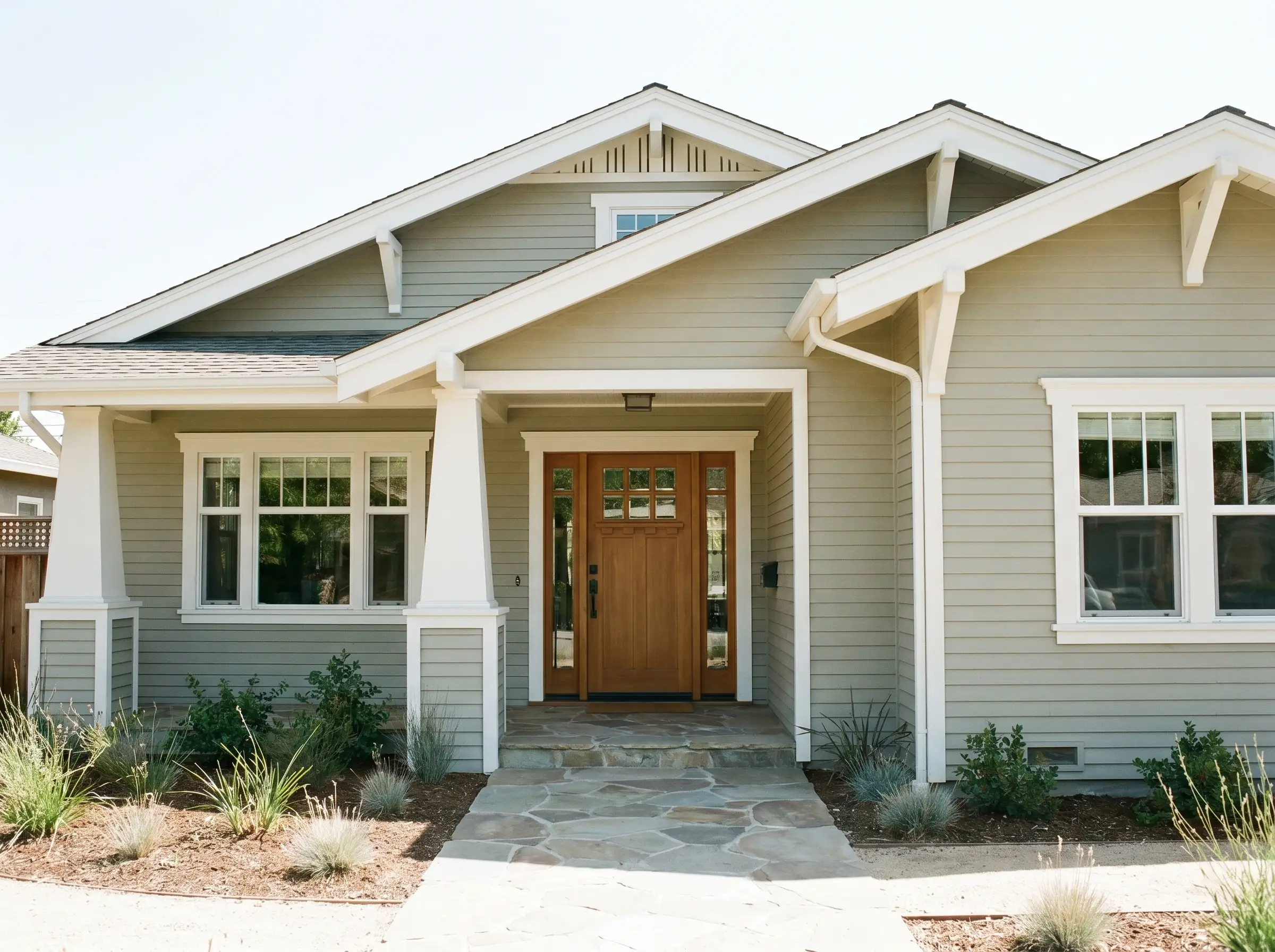 A classic American Craftsman home exterior features main body wood siding painted in a mid-tone neutral gray-green, framed by crisp white trim, a warm oak front door, and a natural stone walkway.