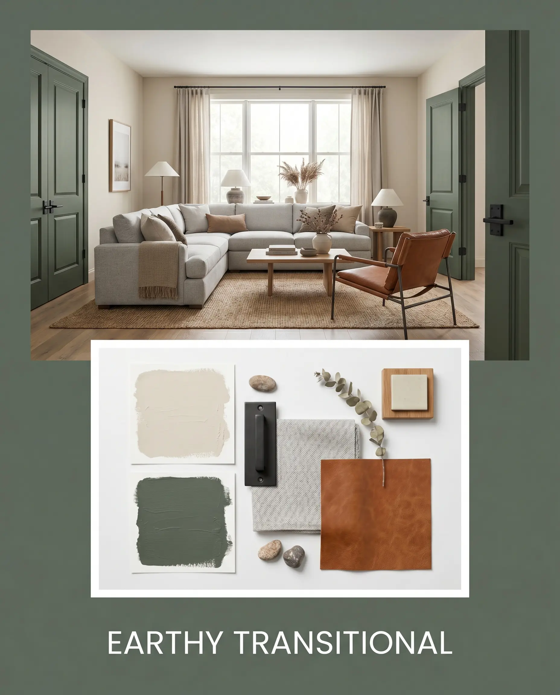 An earthy transitional concept board pairs heavy interior doors painted in Sherwin-Williams Basil (Hex #626E60) with a light gray sectional and a cognac leather sling chair.