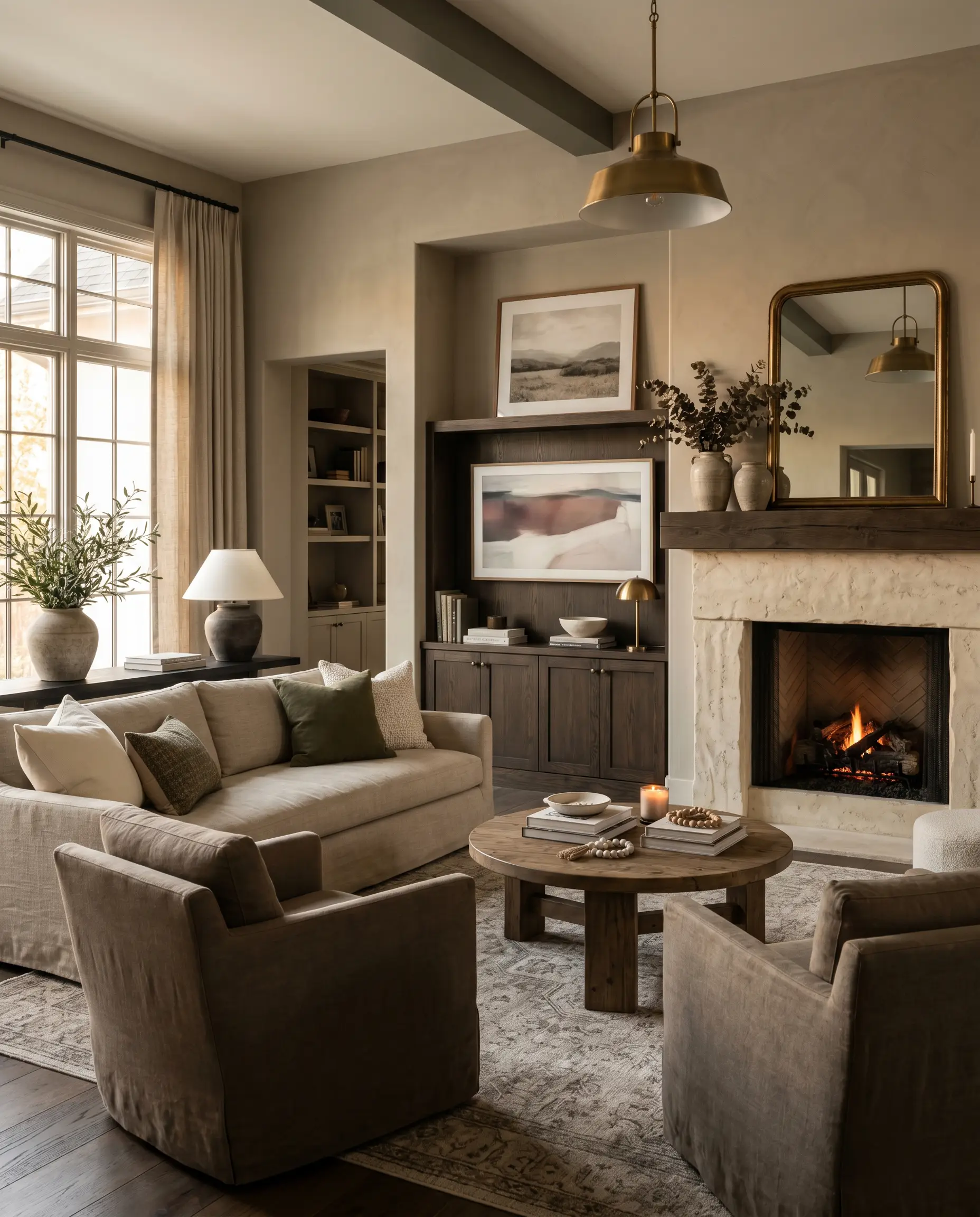 Heavy linen upholstery and a substantial fireplace define an intimate living space enveloped in the mid-tone range of BM Pashmina.