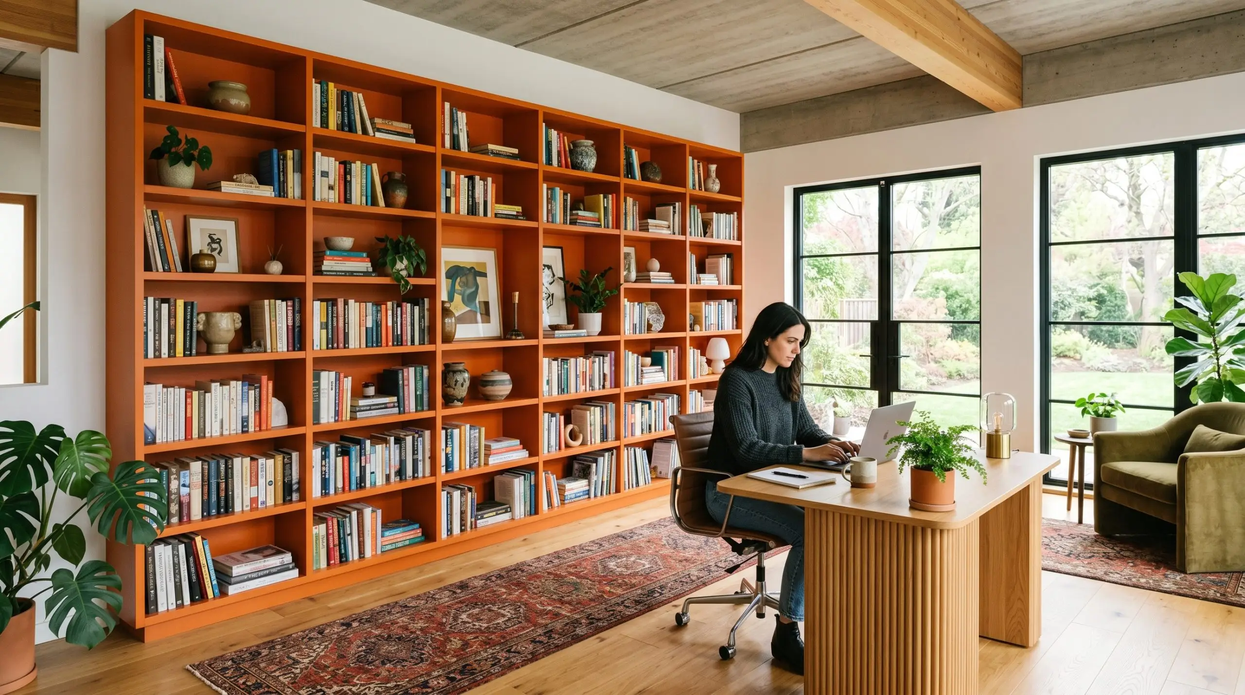 A massive wall of custom built-in bookcases painted in a vibrant mid-tone orange anchors a creative home office featuring a fluted oak desk and Persian runner.