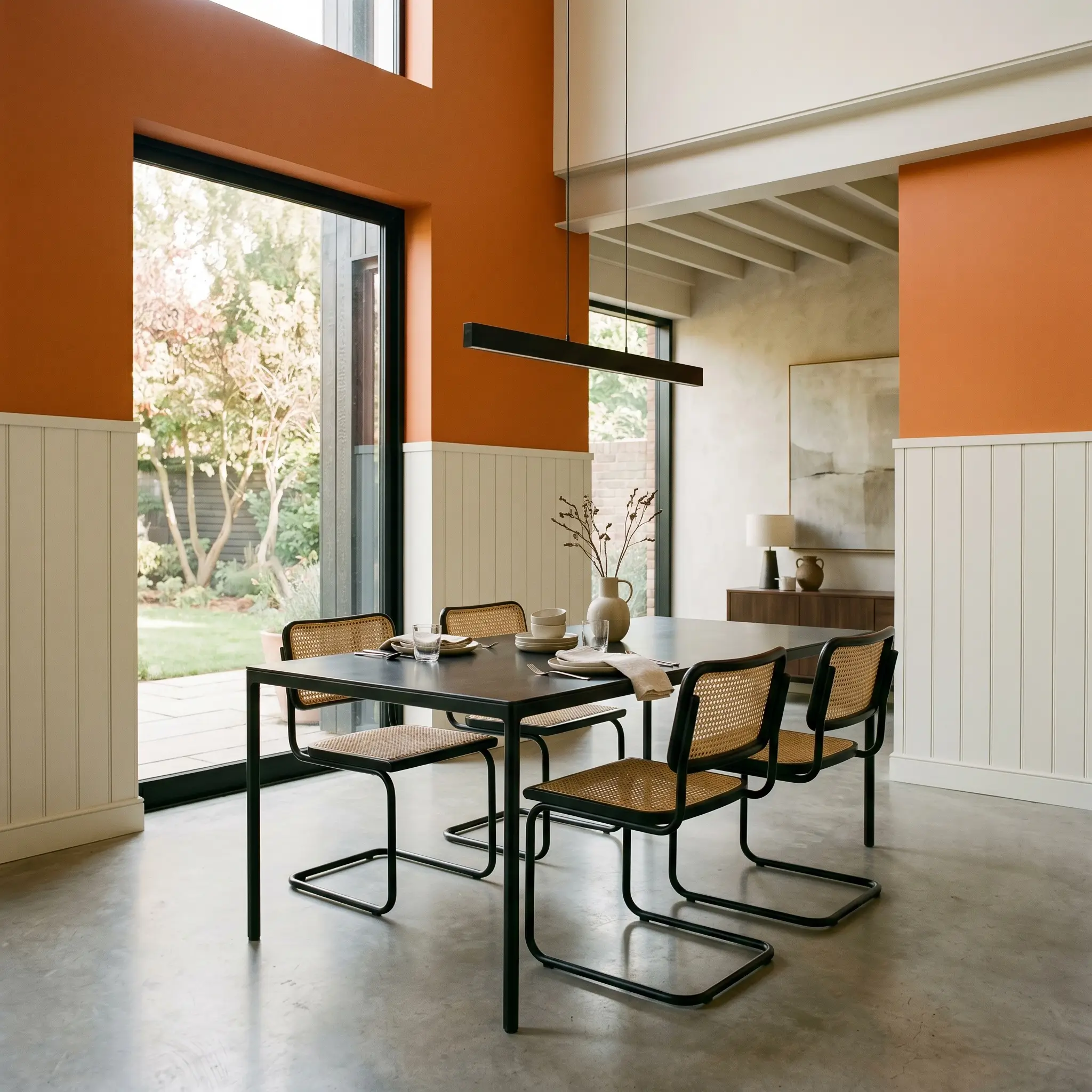 Woven cane chairs surround a blackened steel dining table against upper walls painted in Benjamin Moore Electric Orange (Hex #F0701A) and crisp board and batten.