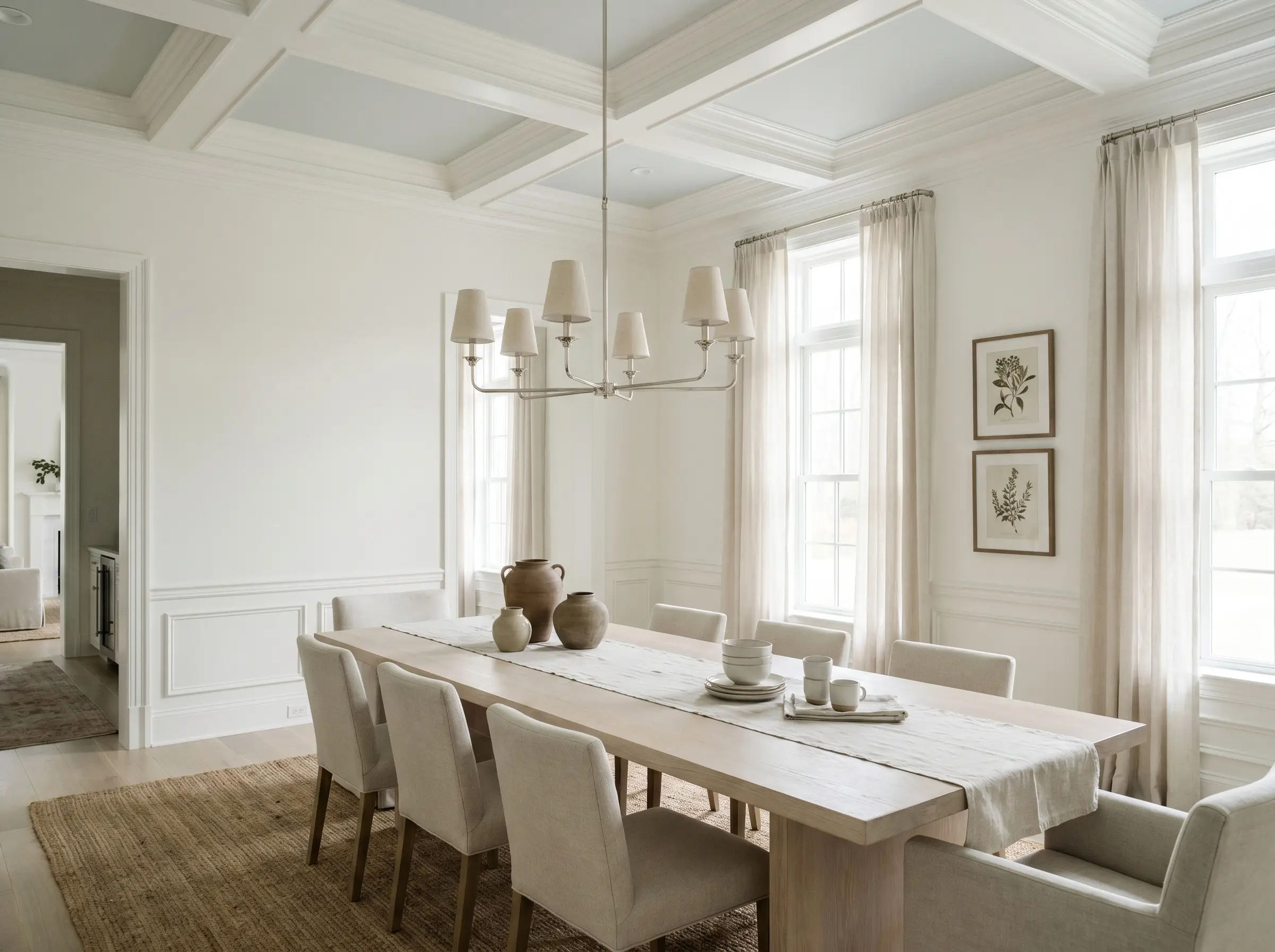 A bleached white oak dining table and polished nickel chandelier sit beneath a ceiling painted in Benjamin Moore Marilyn's Dress (Hex #E0E4E4).