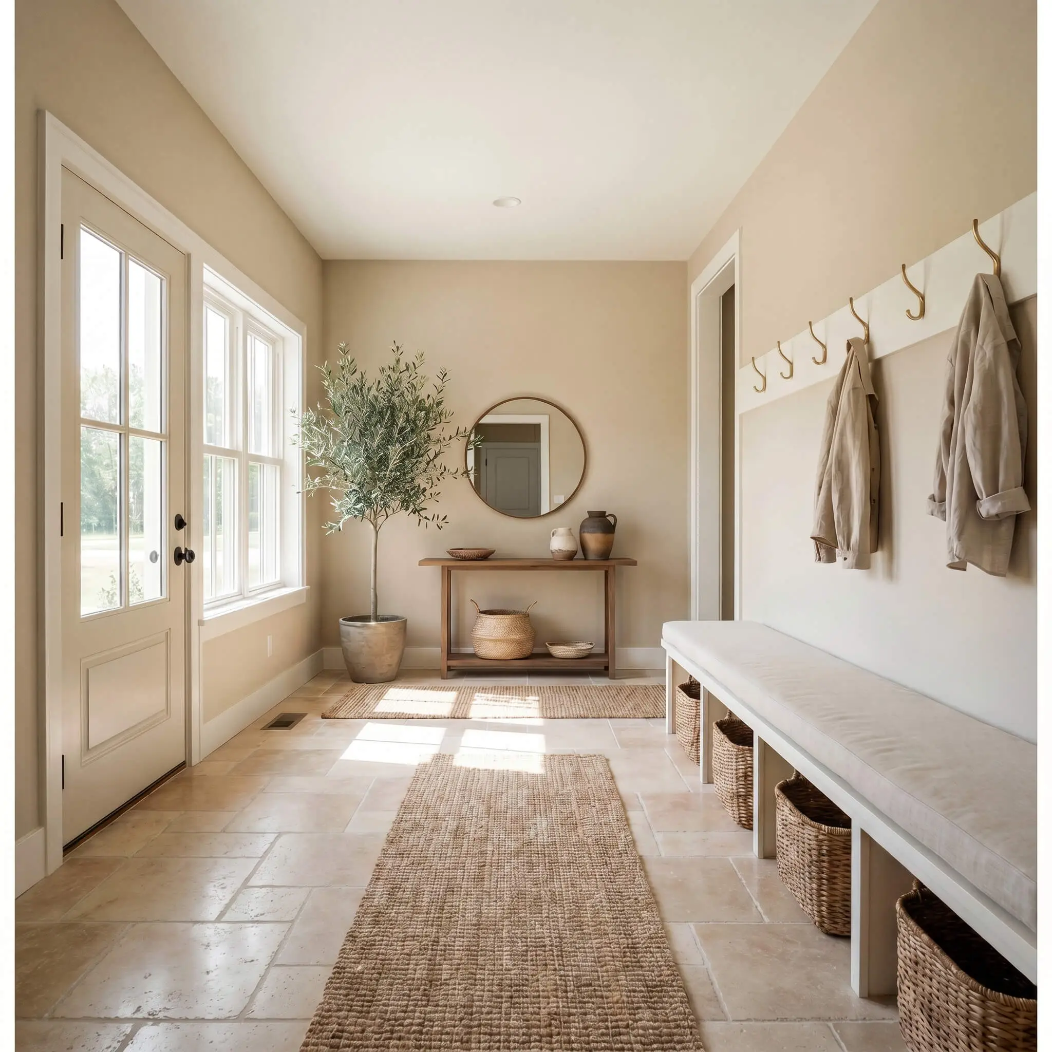 Highly durable tumbled travertine floor tile meets a built-in bench painted in warm off-white, paired with beautifully organized coat hooks and woven baskets.