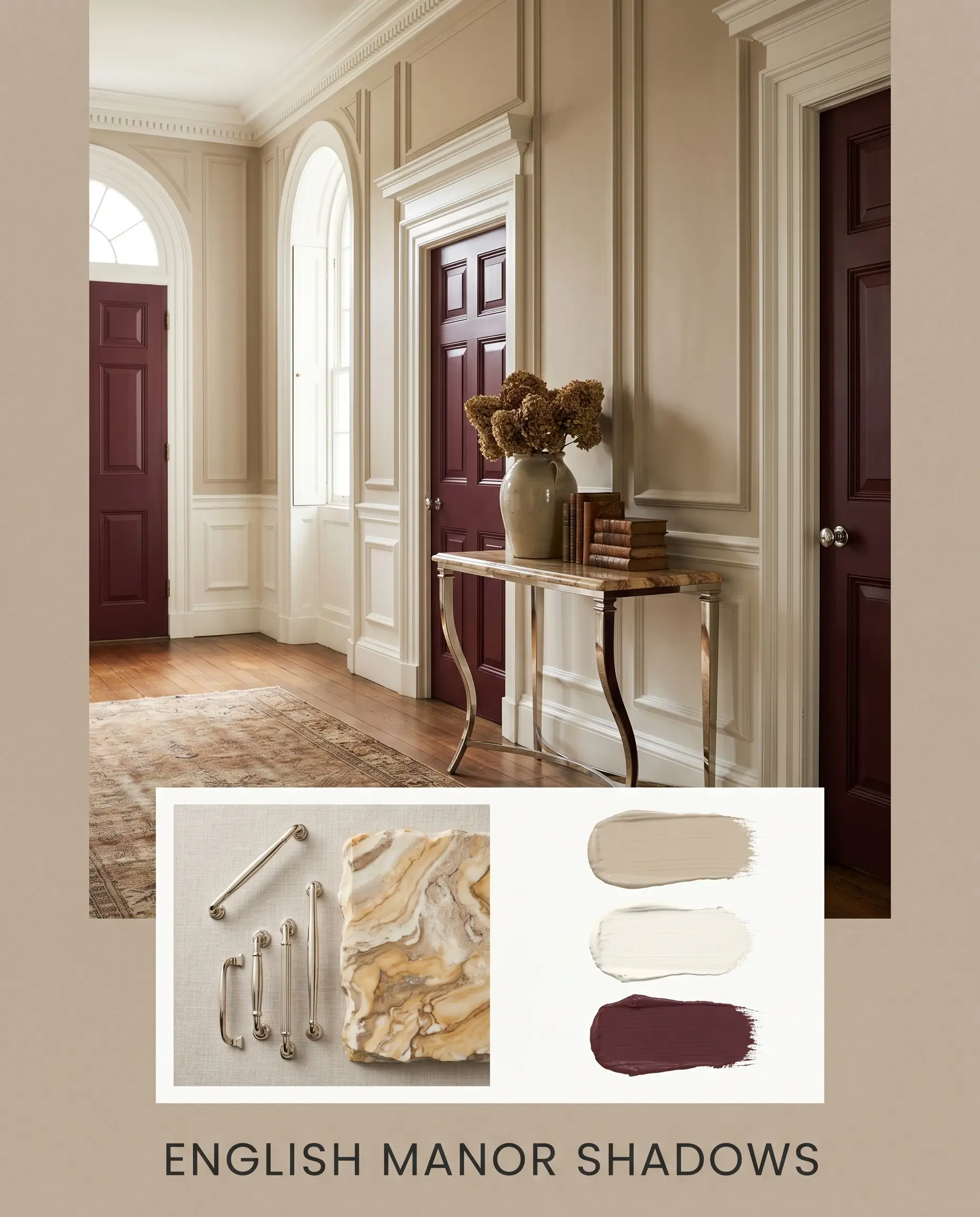 A historic manor hallway showcases walls painted in SW Studio Beige paired with Chantilly Lace trim, above a flat-lay of polished nickel hardware and warm marble.