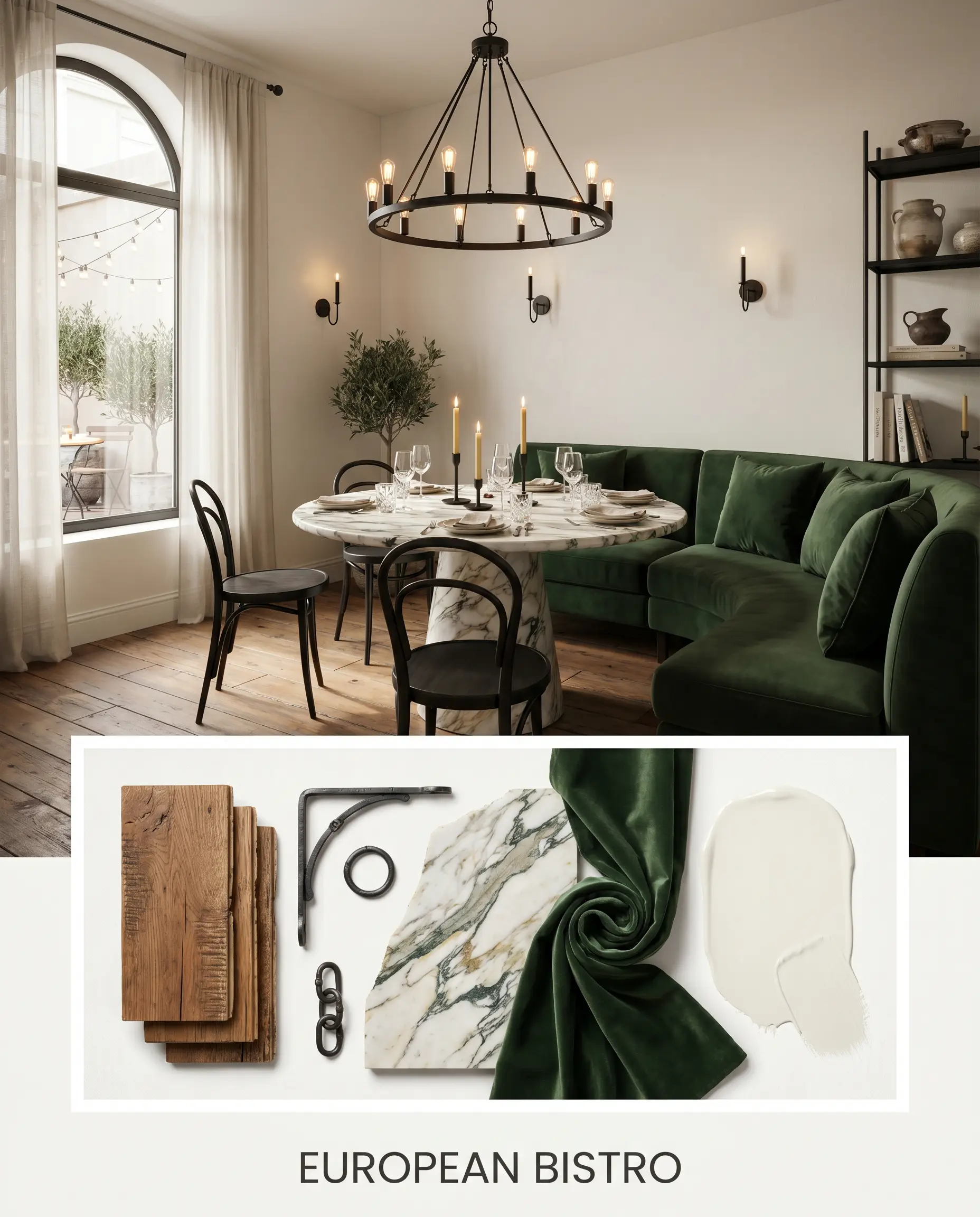 A European Bistro interior design flat-lay features reclaimed chestnut wood, matte black iron, heavily veined marble, and deep forest green velvet against a warm off-white background.