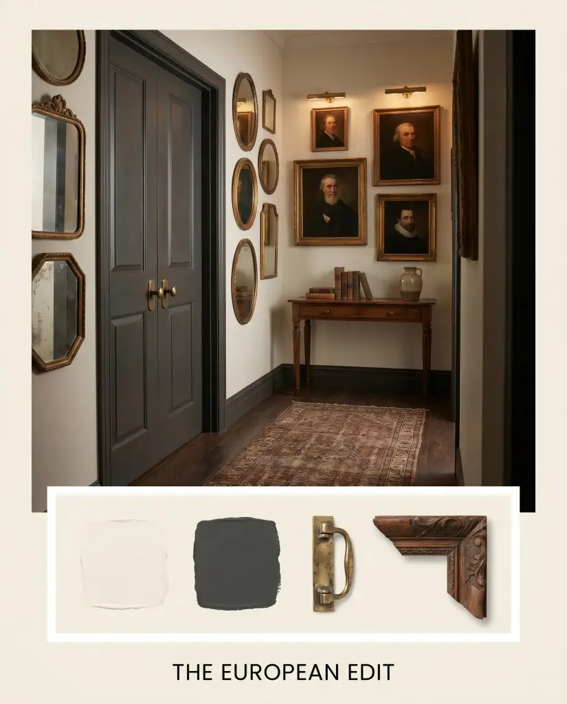 Unlacquered brass picture lights illuminate vintage oil portraits above a flat-lay featuring carved frame wood, brass hardware, and a warm creamy neutral paint swatch.