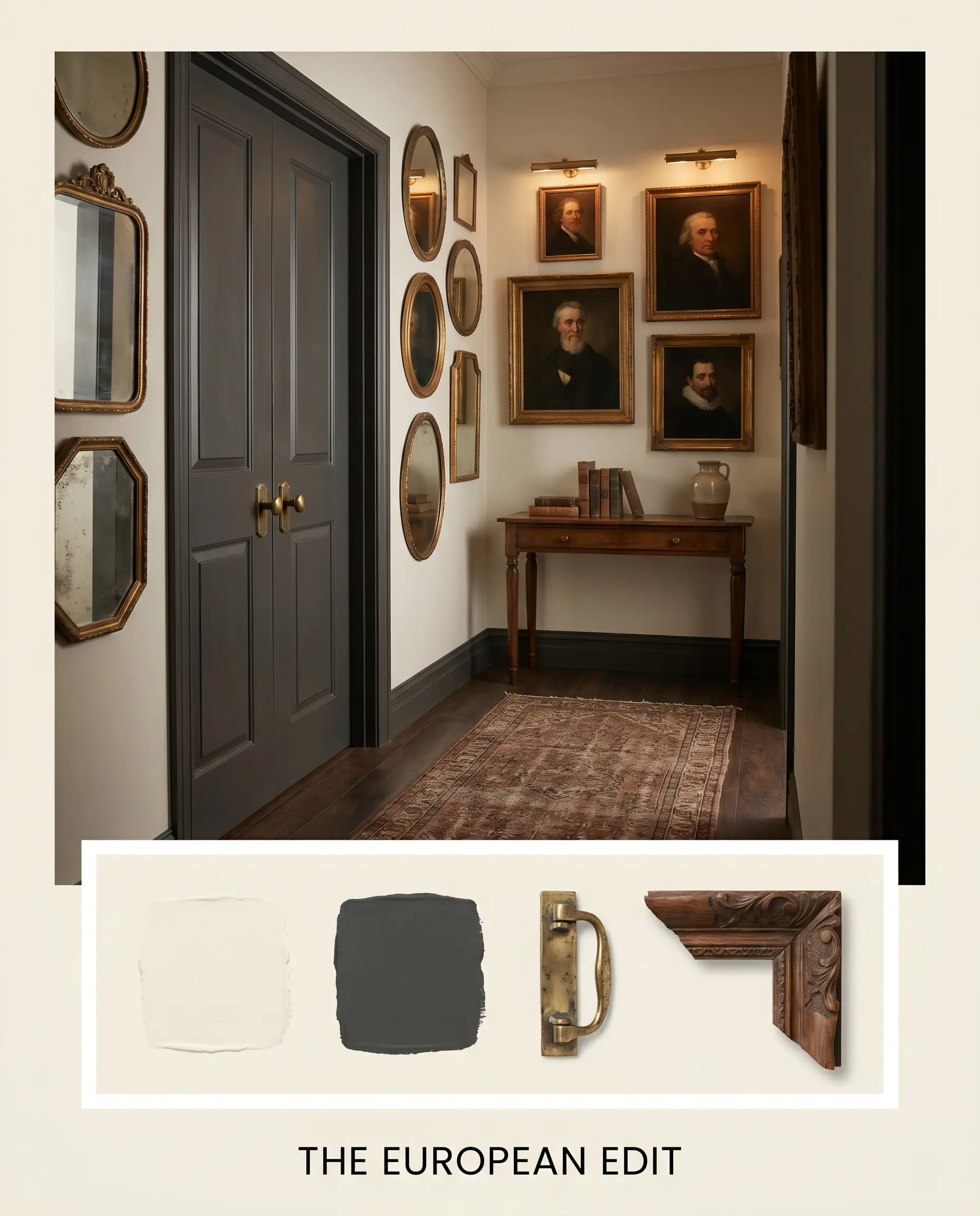 Unlacquered brass picture lights illuminate vintage oil portraits above a flat-lay featuring carved frame wood, brass hardware, and a warm creamy neutral paint swatch.