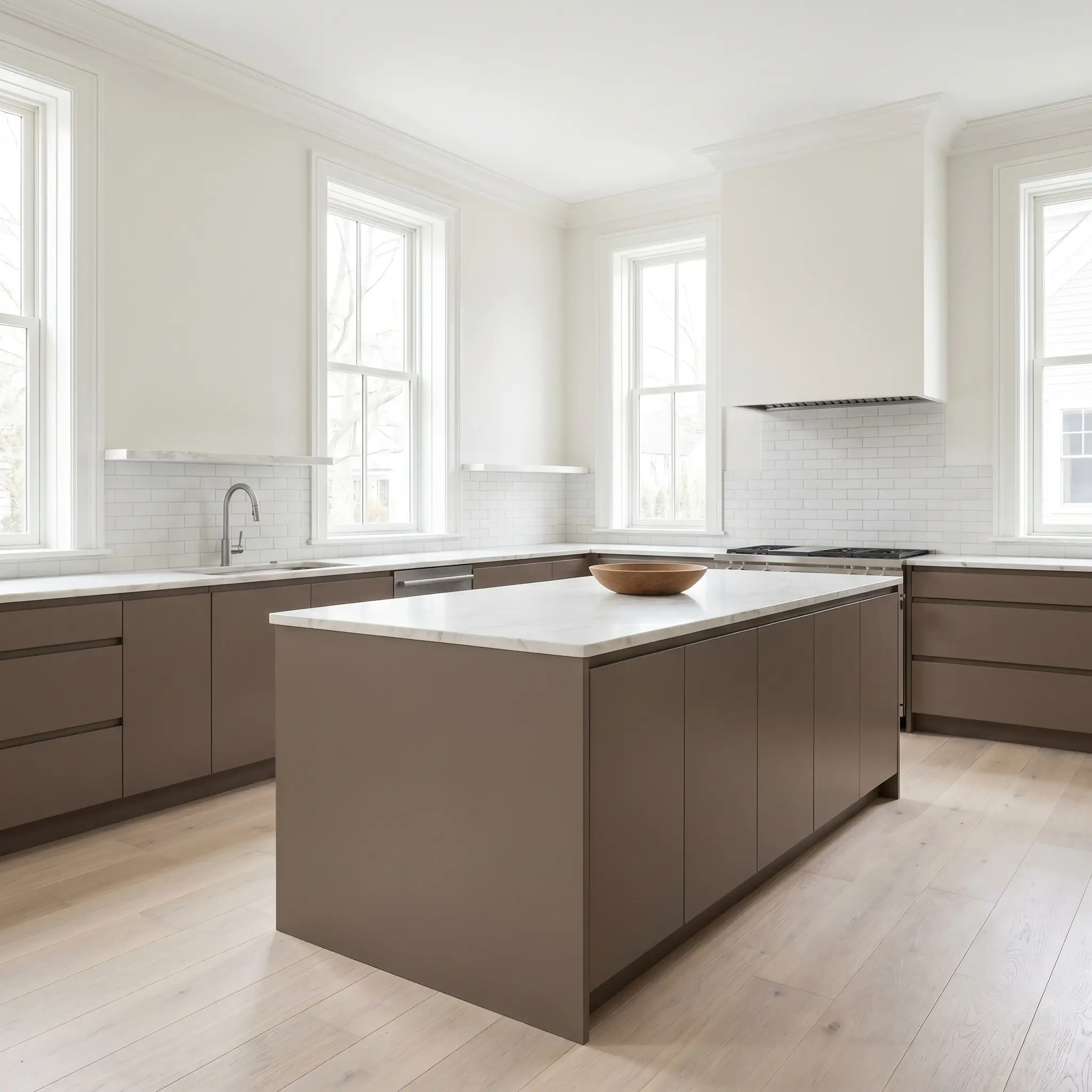 Bespoke flat-front lower cabinets and an island painted in Behr Wild Truffle (Hex #8b7f76) anchor a European-inspired kitchen with matte white subway tile and lightly veined marble countertops.