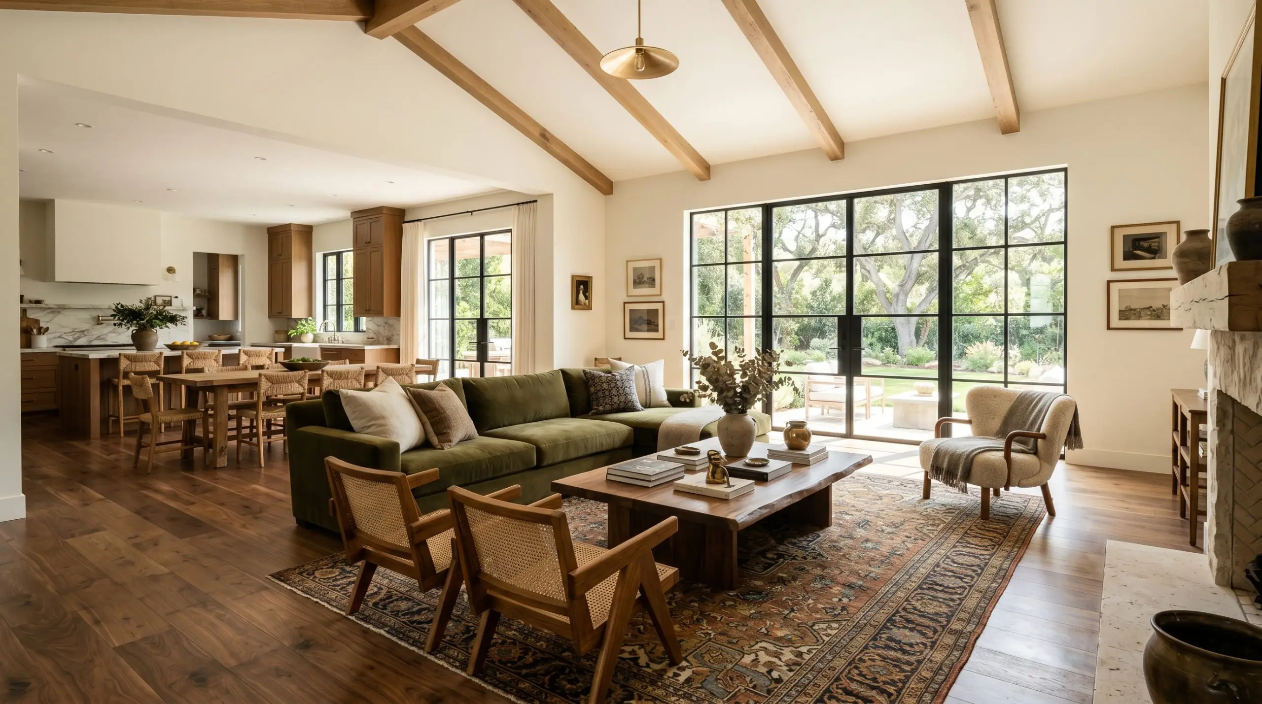A heavy deep olive velvet sofa and a vintage Persian rug anchor an expansive open-concept living room painted in Farrow & Ball Wimborne White (Hex #f4f2e7).