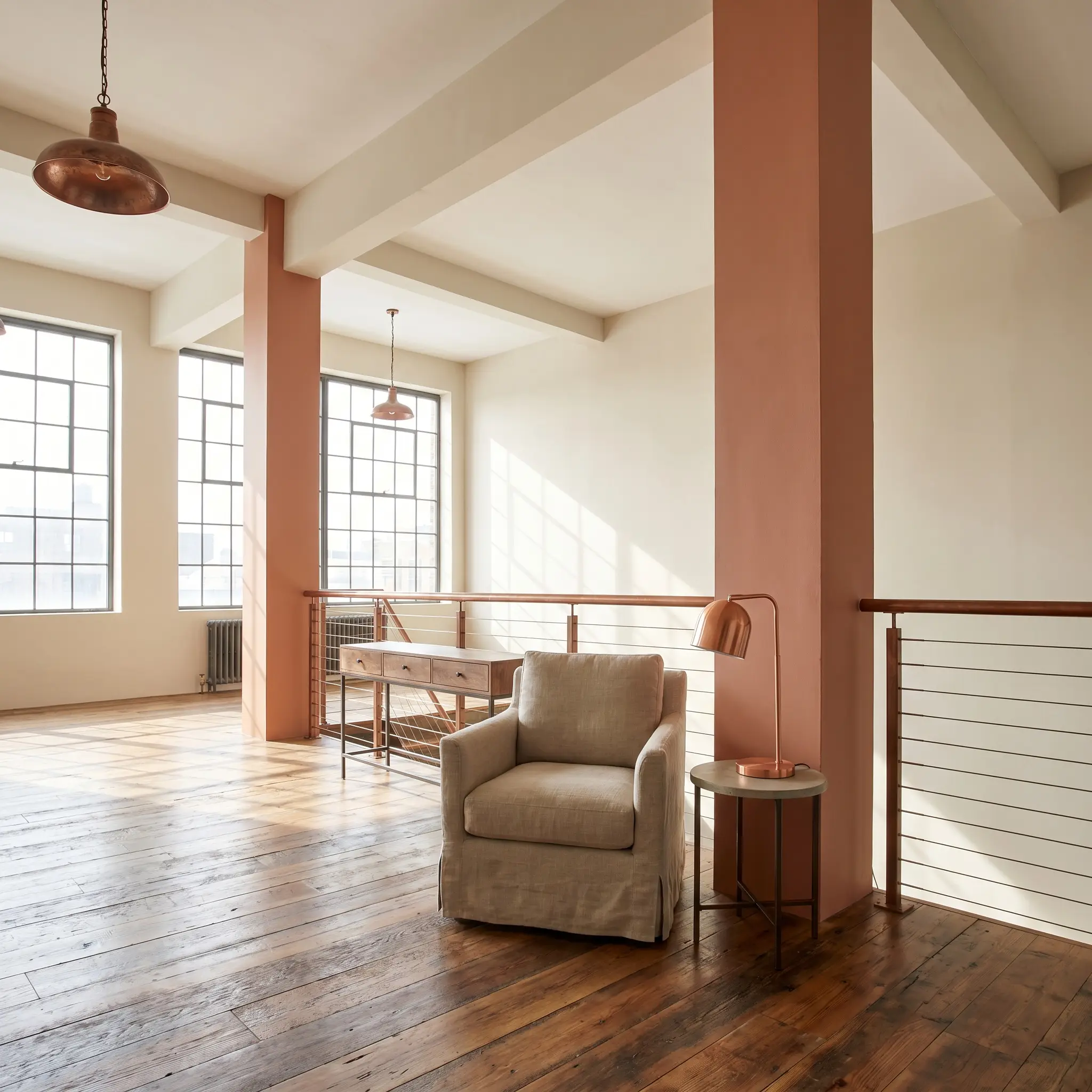 Exposed structural pillars painted in Dulux Tuscan Terracotta (Hex #D8967B) ground an open urban rustic loft featuring natural wood floors and warm white walls.