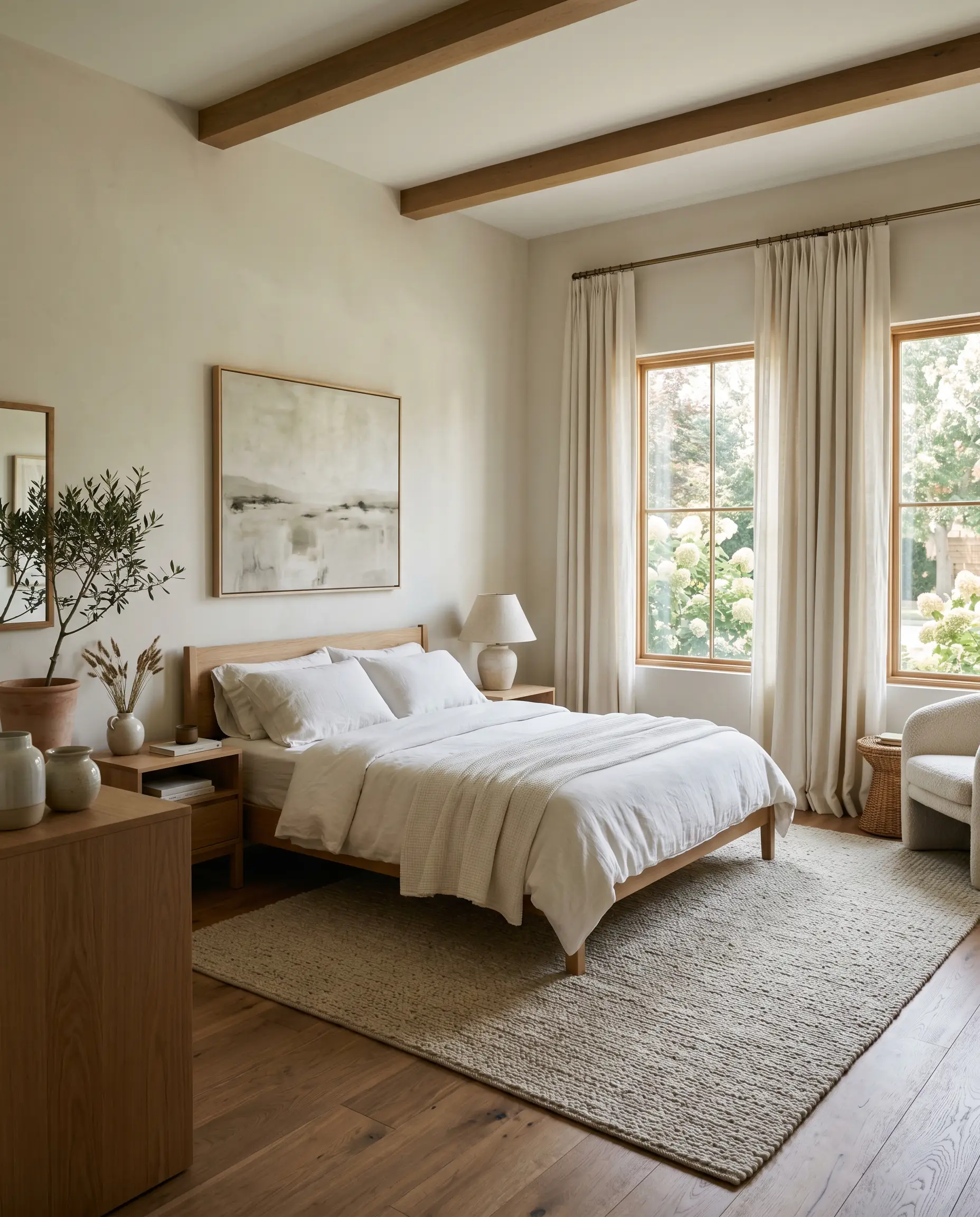 A tranquil bedroom painted in Farrow & Ball Ammonite (Hex #d8d6cf) features washed percale bedding, raw silk drapery, and a woven wool rug over hardwood floors.