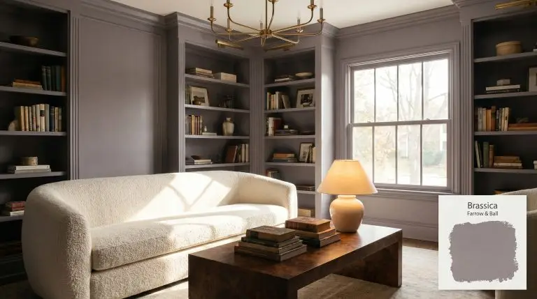 A plush cream bouclé sofa and dark walnut burl coffee table anchor a sitting room color-drenched in Farrow & Ball Brassica (Hex #8d838c).