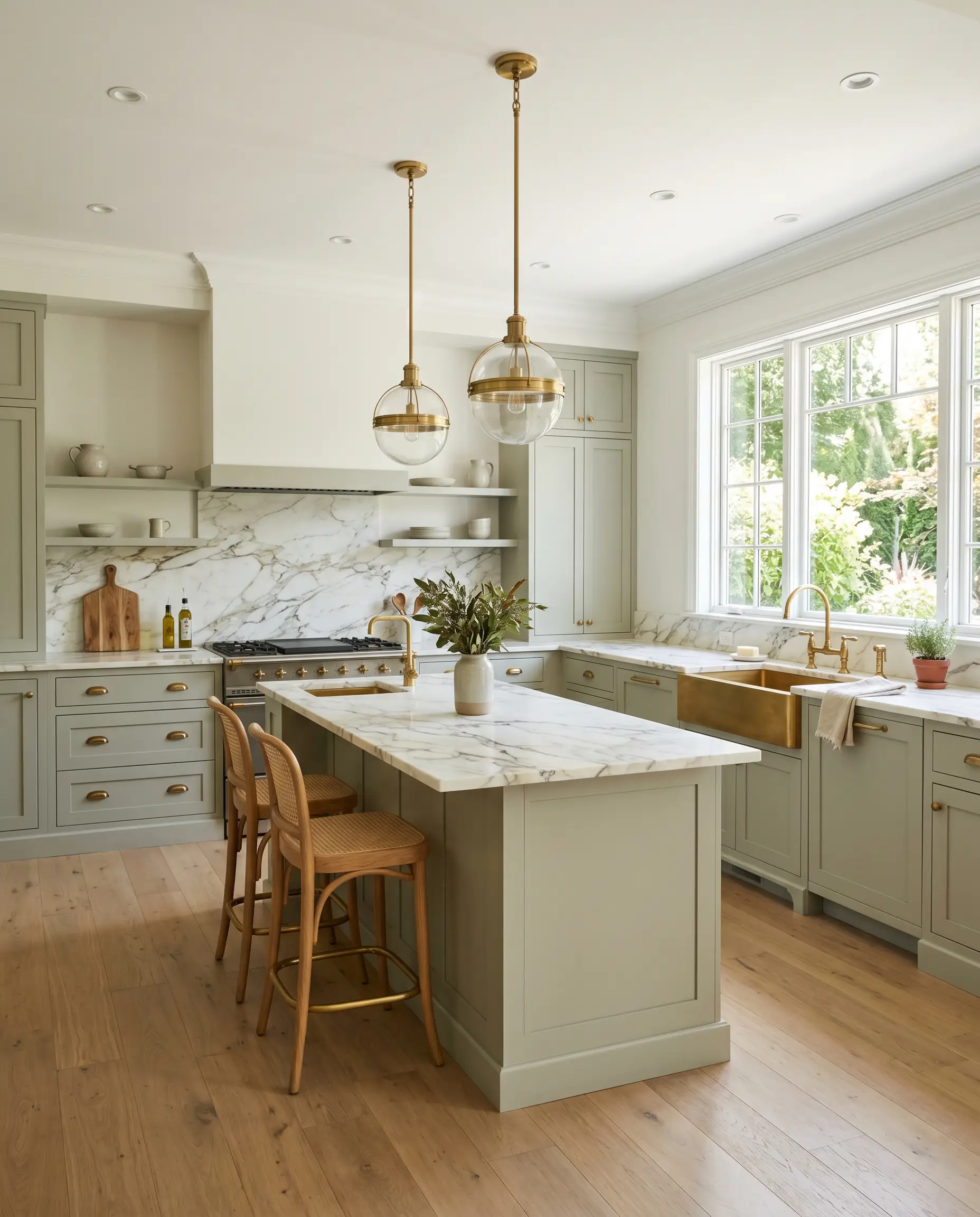 Lower shaker cabinets and a central island painted in Farrow & Ball Cromarty (Hex #caccc0) anchor a transitional kitchen featuring heavily veined marble countertops and unlacquered brass hardware.