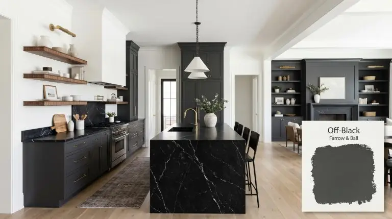 A grand transitional open-plan living room and kitchen features built-ins and cabinetry painted in Farrow & Ball Off-Black (Hex #454749), complemented by Nero Marquina marble counters and unlacquered brass hardware.