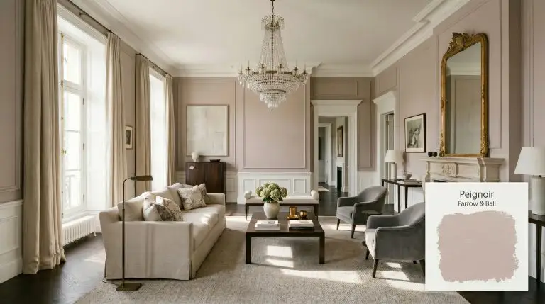 A grand formal living room painted in Farrow & Ball Peignoir (Hex #cfc4c0) features crisp white trim, heavy linen drapery, and dark espresso-stained wood floors.