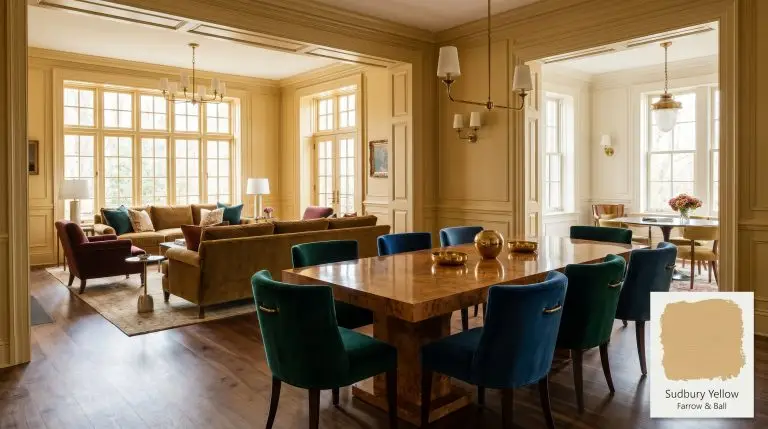 A sprawling living area transitions into a grand dining room with intricate millwork painted in Farrow & Ball Sudbury Yellow (Hex #d7b576), featuring a polished burl wood table and jewel-toned velvet seating.