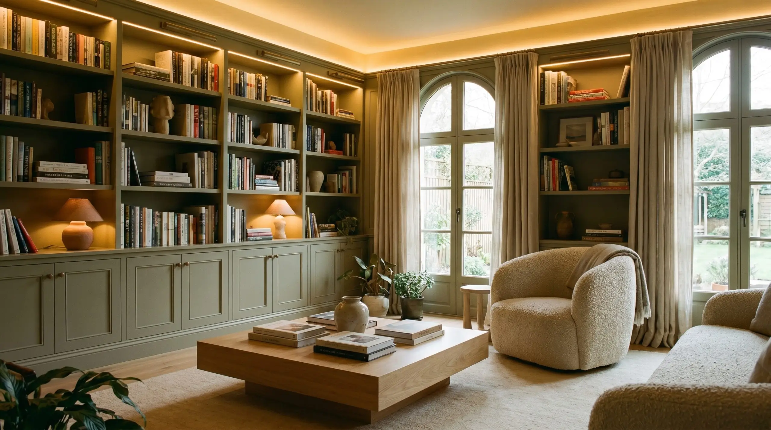 Floor-to-ceiling built-in shelves and paneled wainscoting painted in Farrow & Ball Treron (Hex #8c8c7a) surround a sleek plinth coffee table and a nubby bouclé accent chair.