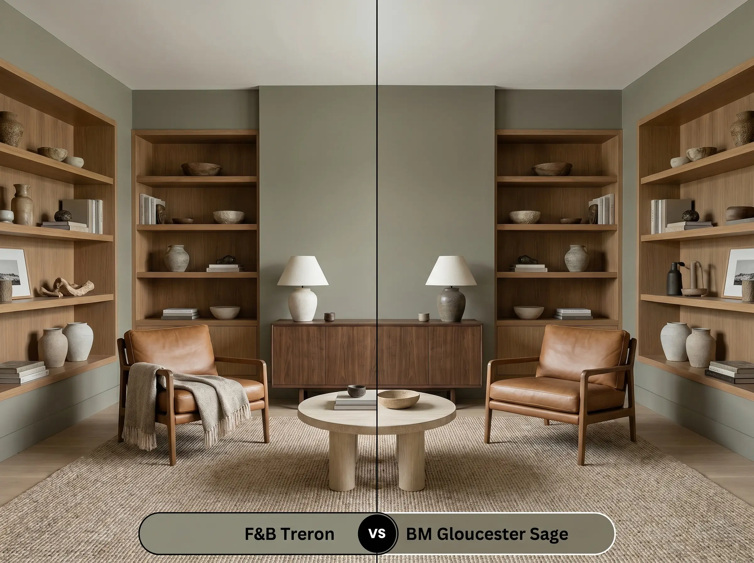 A side-by-side split-screen comparison of Farrow & Ball Treron on the left and Benjamin Moore Gloucester Sage on the right, shown in a dramatic organic modern den with leather armchairs.