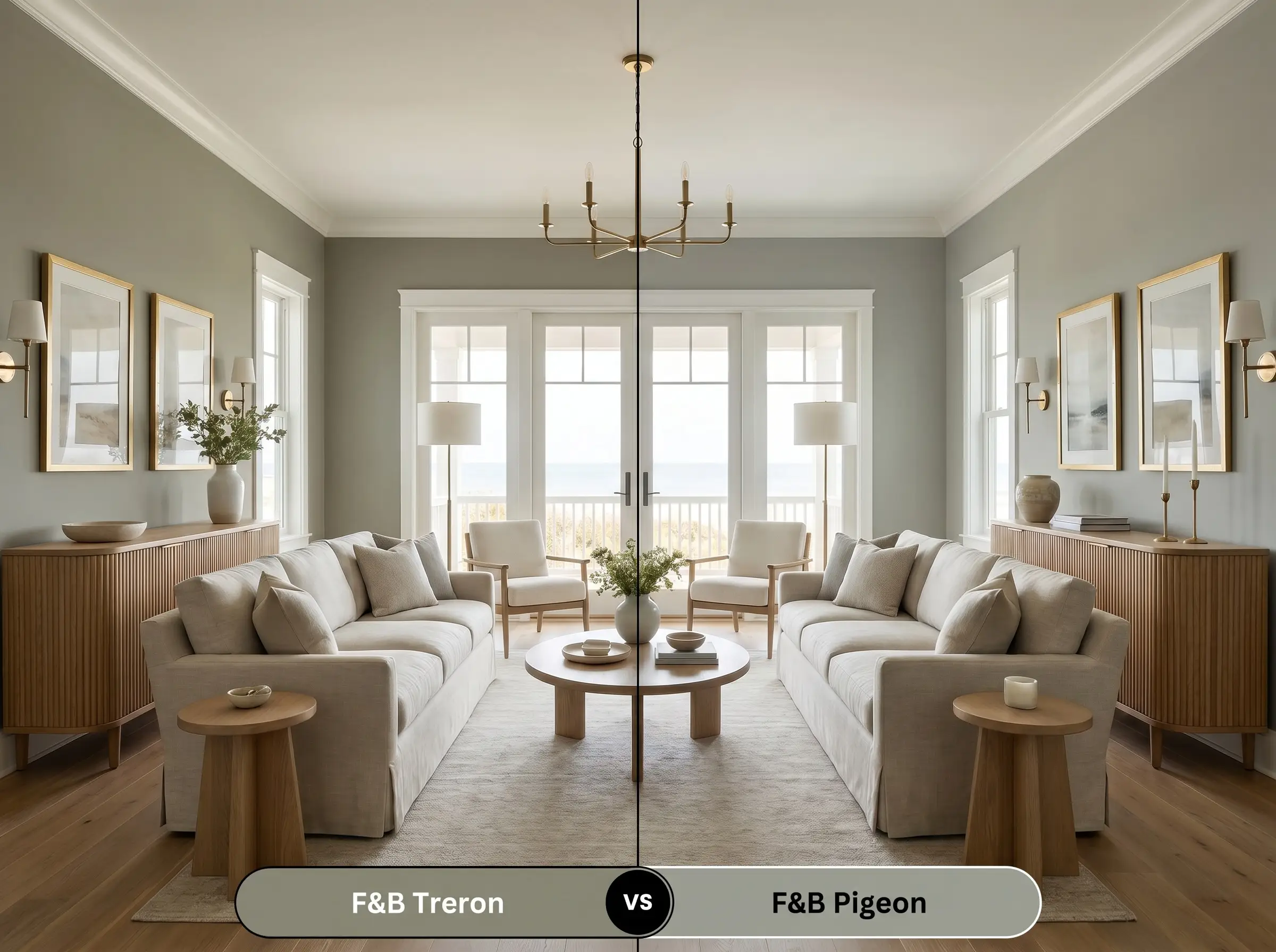 A side-by-side split-screen comparison of Farrow & Ball Treron on the left and Farrow & Ball Pigeon on the right, shown in a coastal transitional living room with fluted oak furniture.