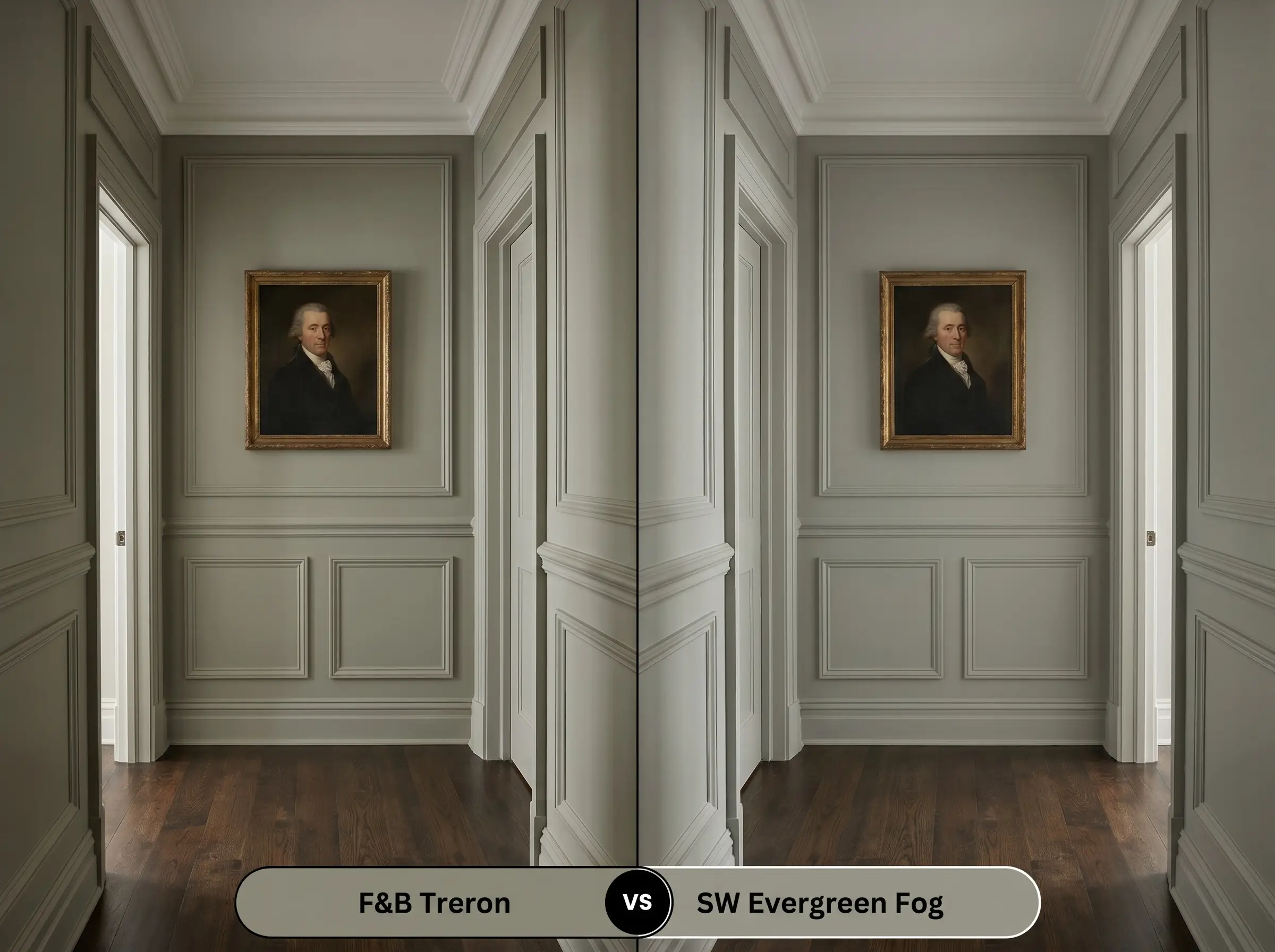 A side-by-side split-screen comparison of Farrow & Ball Treron on the left and Sherwin-Williams Evergreen Fog on the right, shown in a traditional hallway featuring wainscoting and vintage oil portraits.