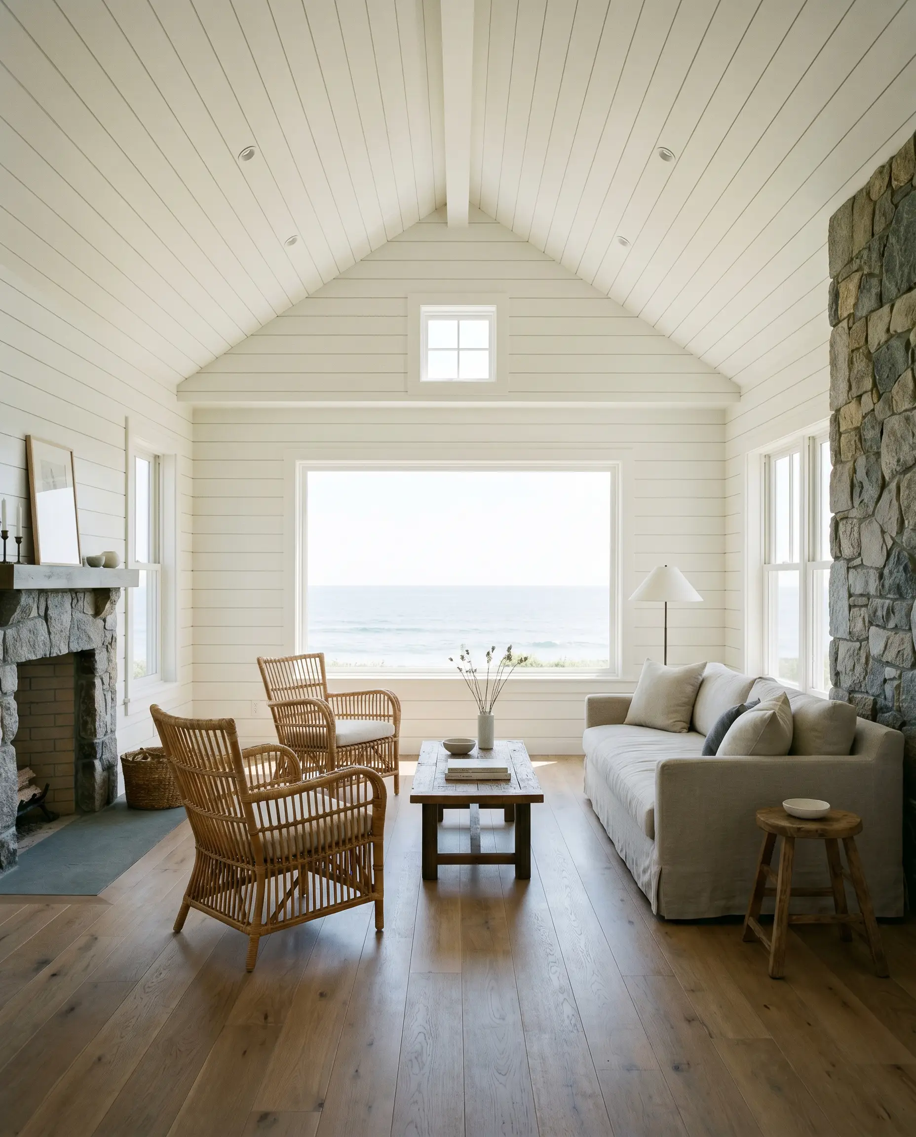 Extensive shiplap paneling painted in Farrow & Ball All White (Hex #f6f6f2) lines a coastal cottage living room alongside fumed oak flooring and woven rattan chairs.