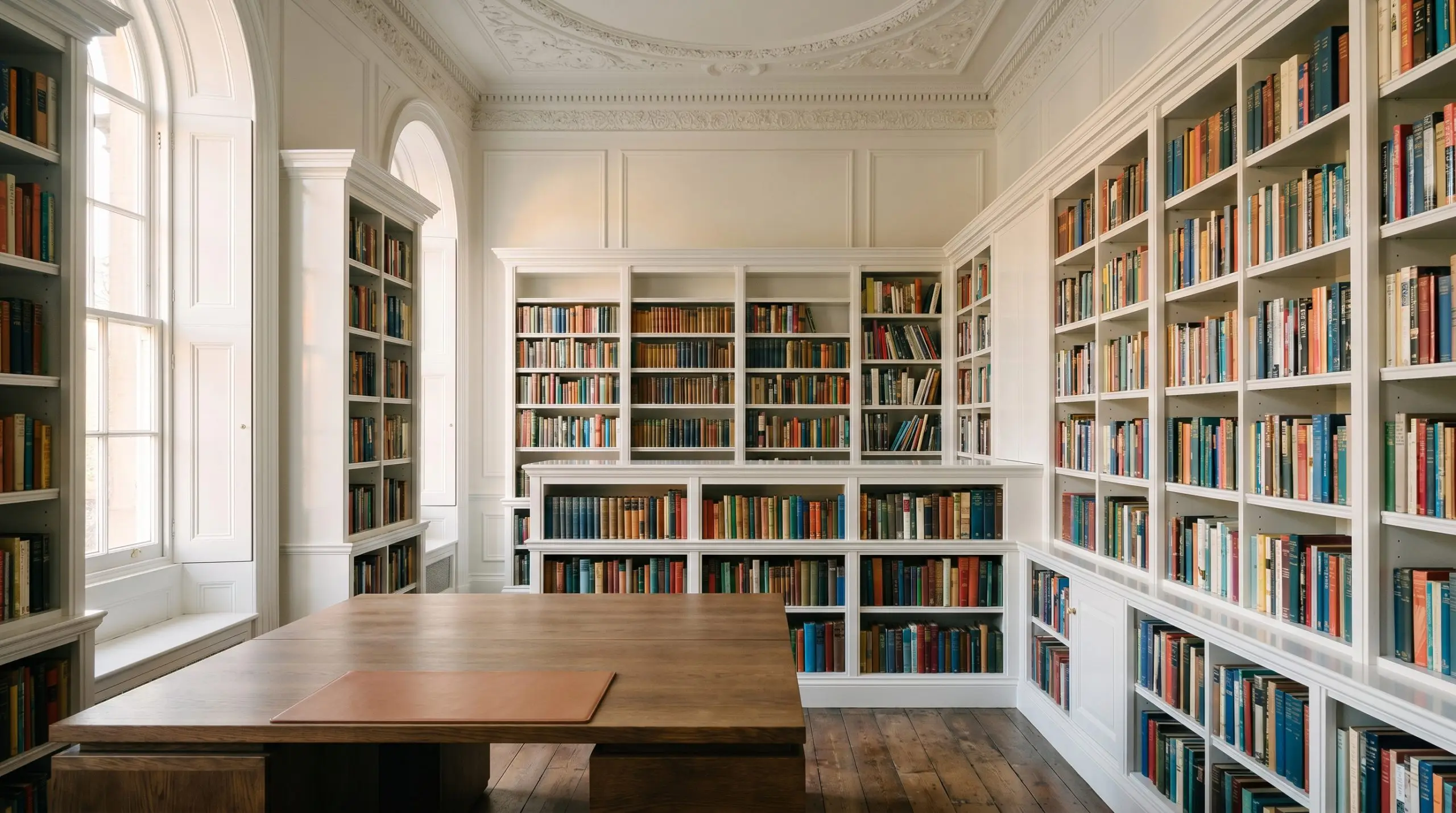 High-gloss bookshelves and a fumed European oak desk define a heritage library completely color-drenched in Farrow & Ball All White (Hex #f6f6f2).