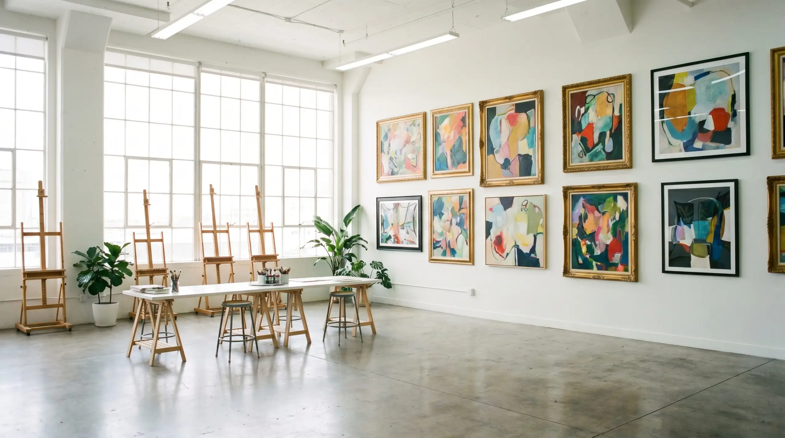 A curated collection of vibrant artwork in ornate gold frames and sleek black borders hangs on crisp pure white walls inside a contemporary art studio.