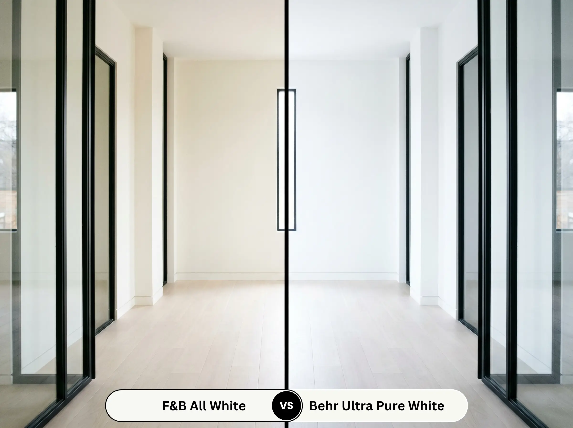 A side-by-side split-screen comparison of Farrow & Ball All White on the left and Behr Ultra Pure White on the right, shown in a contemporary hallway with pale bleached ash flooring and minimalist black border frames.