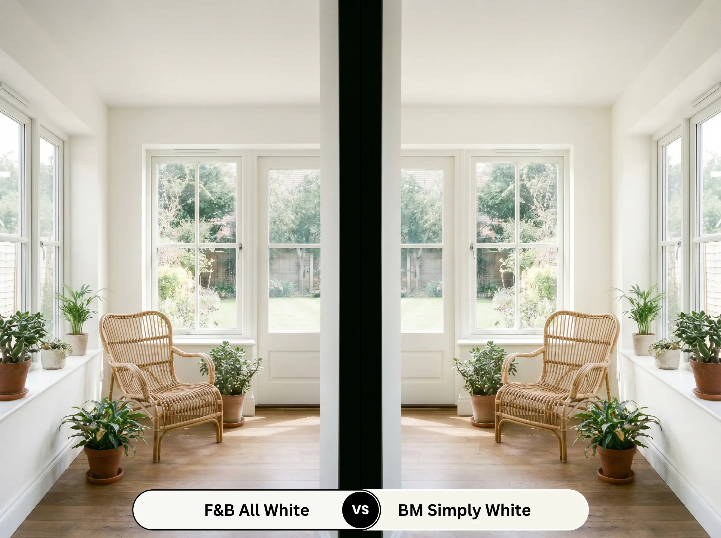 A side-by-side split-screen comparison of Farrow & Ball All White on the left and Benjamin Moore Simply White on the right, shown in a bright sunroom with fumed oak flooring and woven rattan chairs.