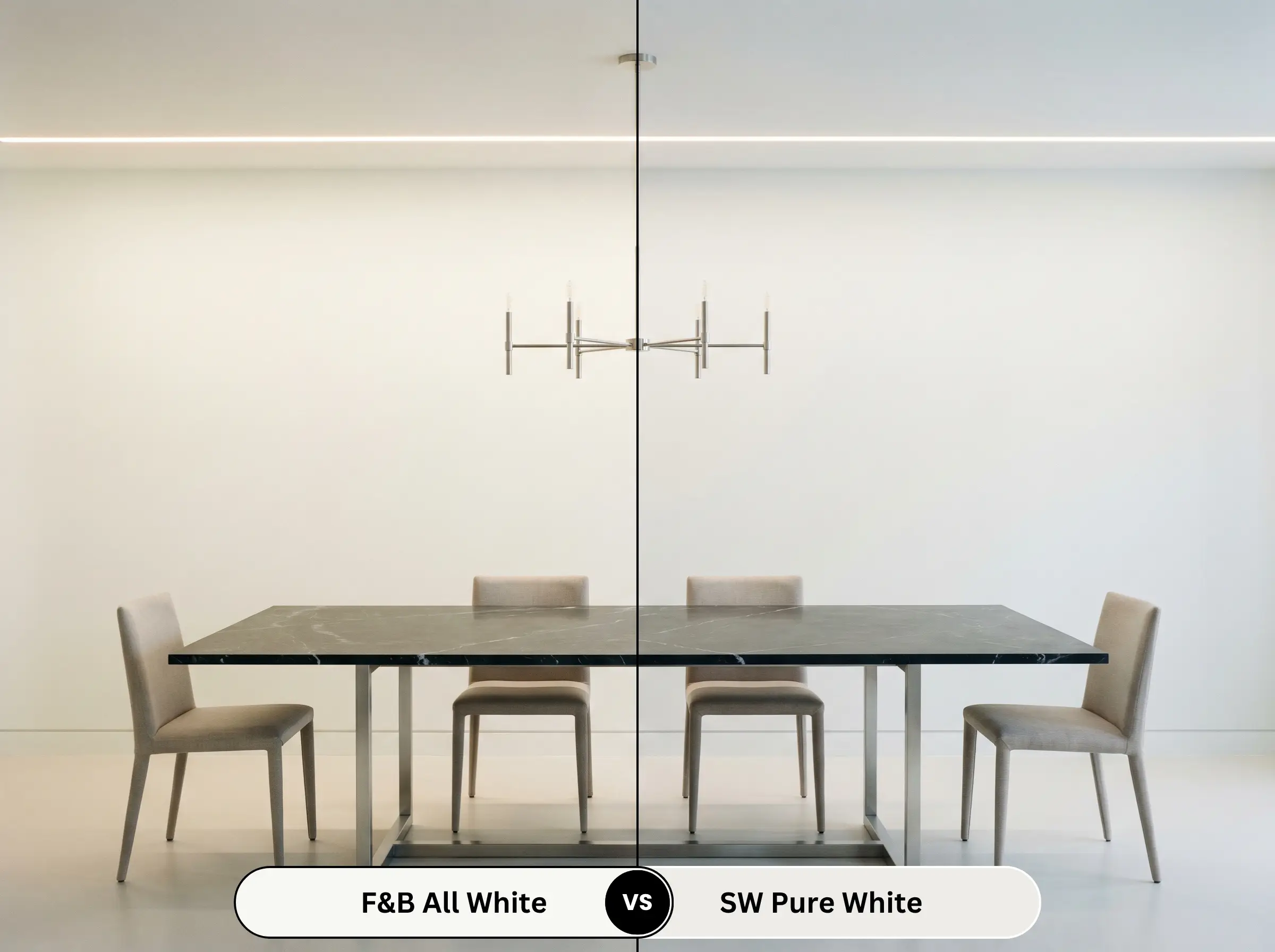 A side-by-side split-screen comparison of Farrow & Ball All White on the left and Sherwin-Williams Pure White on the right, shown in a modern dining room featuring a leathered Nero Marquina marble table.
