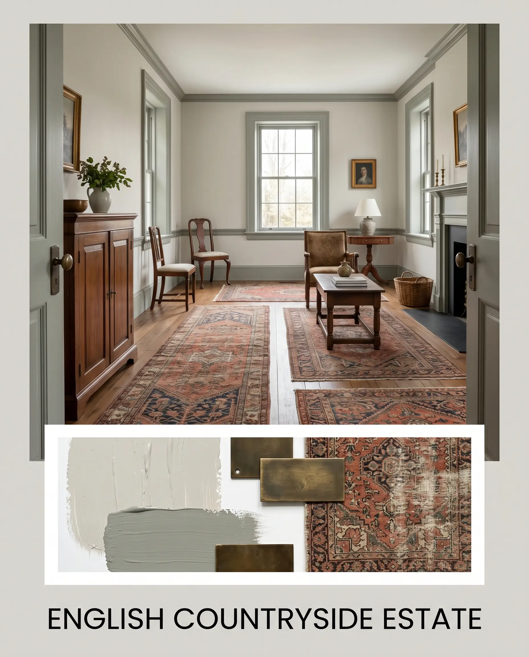An editorial mood board titled ENGLISH COUNTRYSIDE ESTATE showcases a heritage living room with muted greige walls alongside aged bronze and Persian rug swatches.