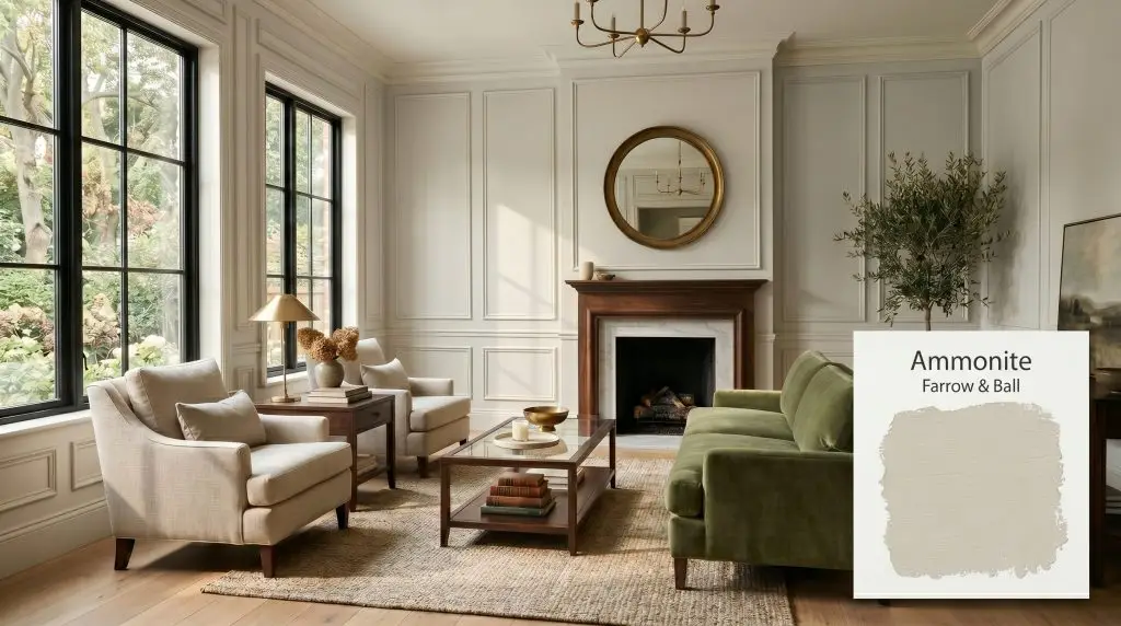 Extensive traditional panel molding painted in Farrow & Ball Ammonite (Hex #d8d6cf) surrounds a plush mohair sofa, tailored linen armchairs, and dark walnut accent tables.