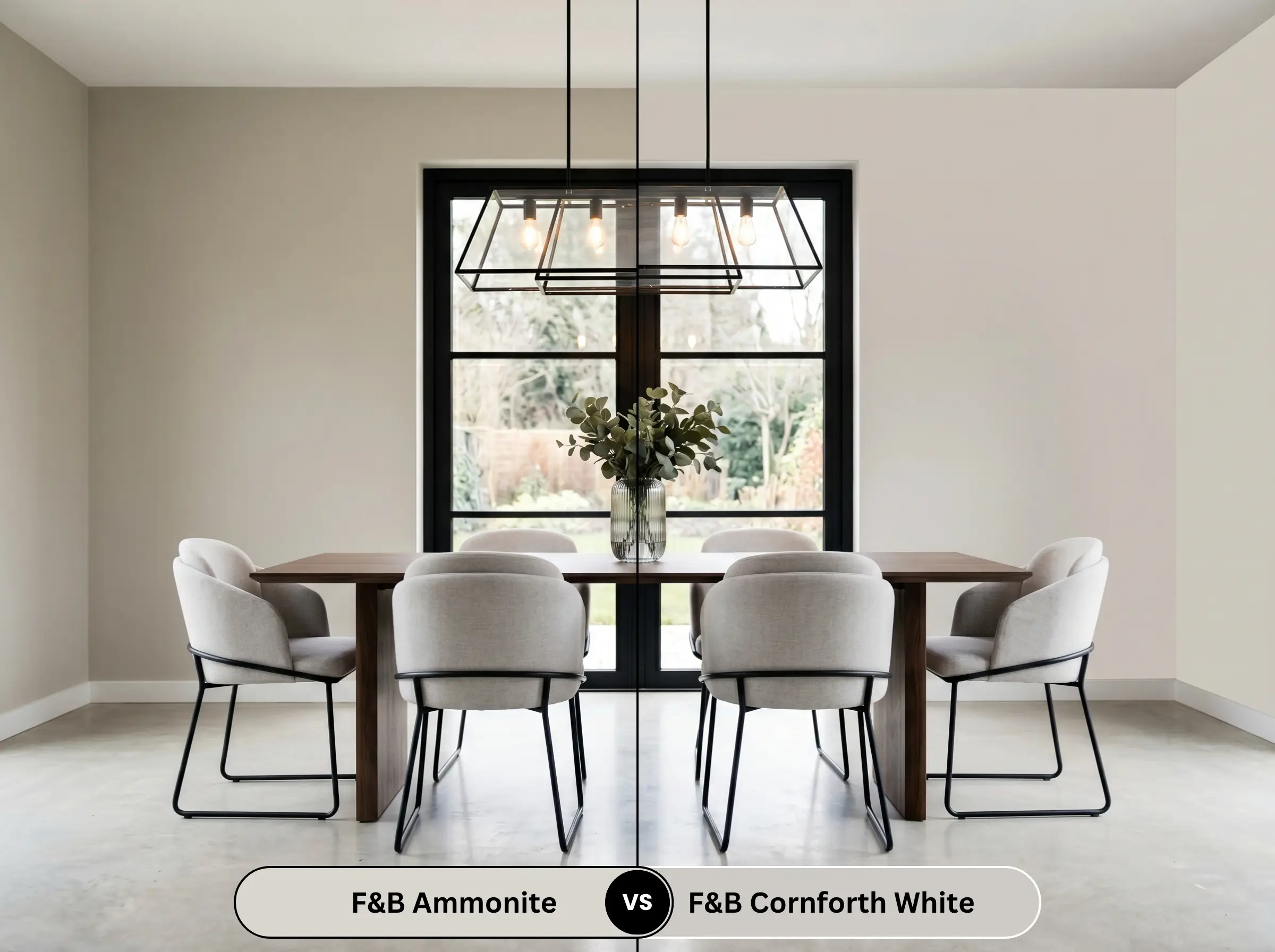 A side-by-side split-screen comparison of Farrow & Ball Ammonite on the left and Farrow & Ball Cornforth White on the right, shown in a modern dining room featuring a structural chandelier.
