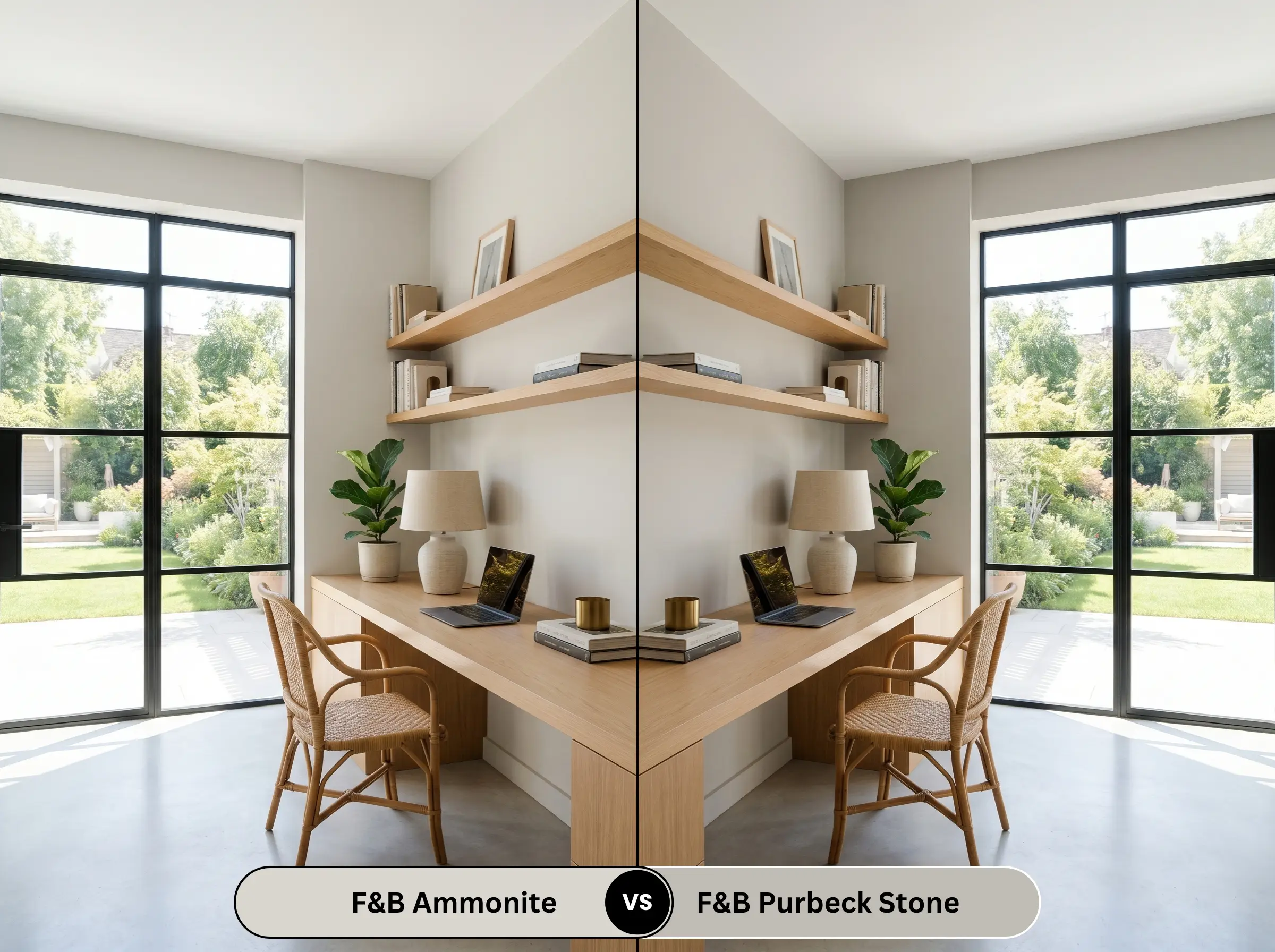 A side-by-side split-screen comparison of Farrow & Ball Ammonite on the left and Farrow & Ball Purbeck Stone on the right, shown in a sun-drenched home office with a built-in desk.