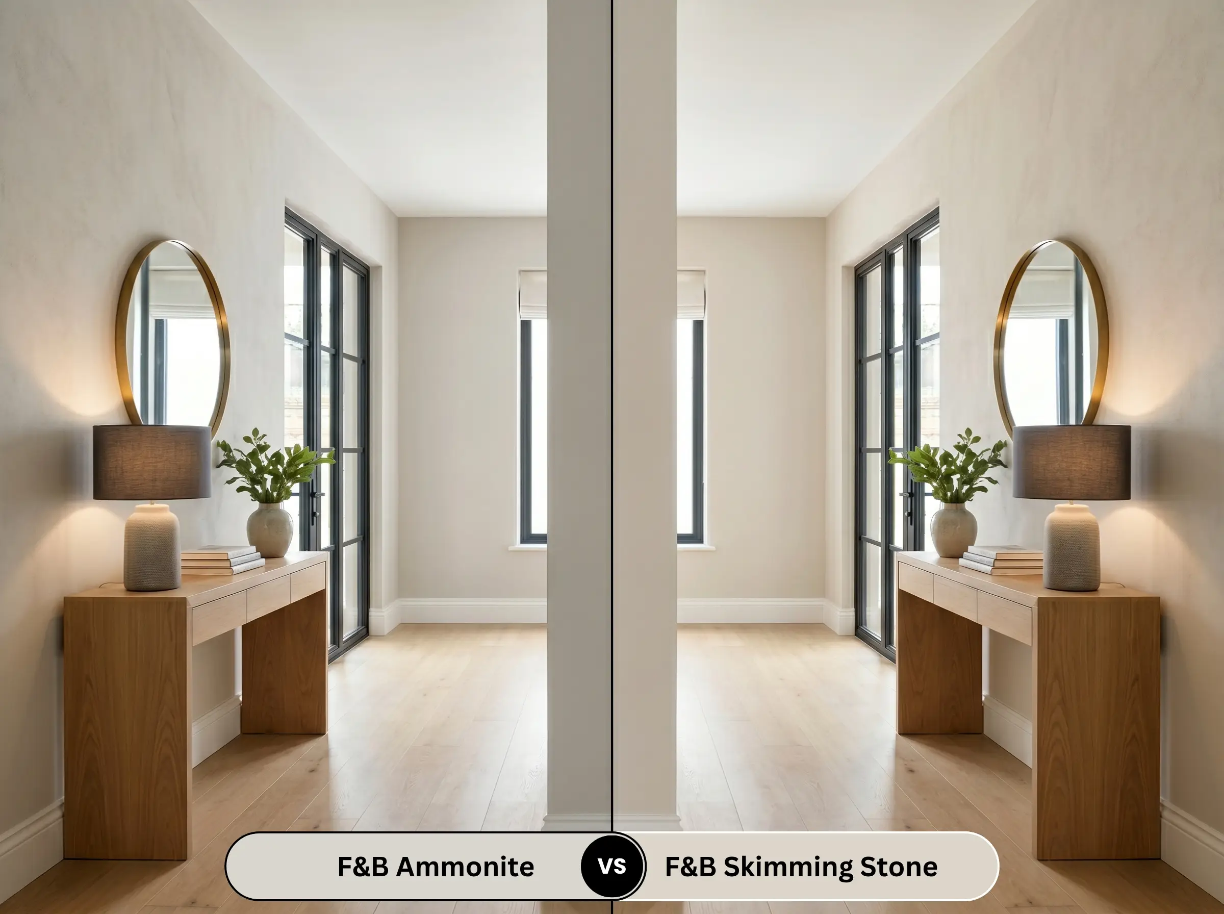 A side-by-side split-screen comparison of Farrow & Ball Ammonite on the left and Farrow & Ball Skimming Stone on the right, shown in an elegant entryway with a console table and round mirror.