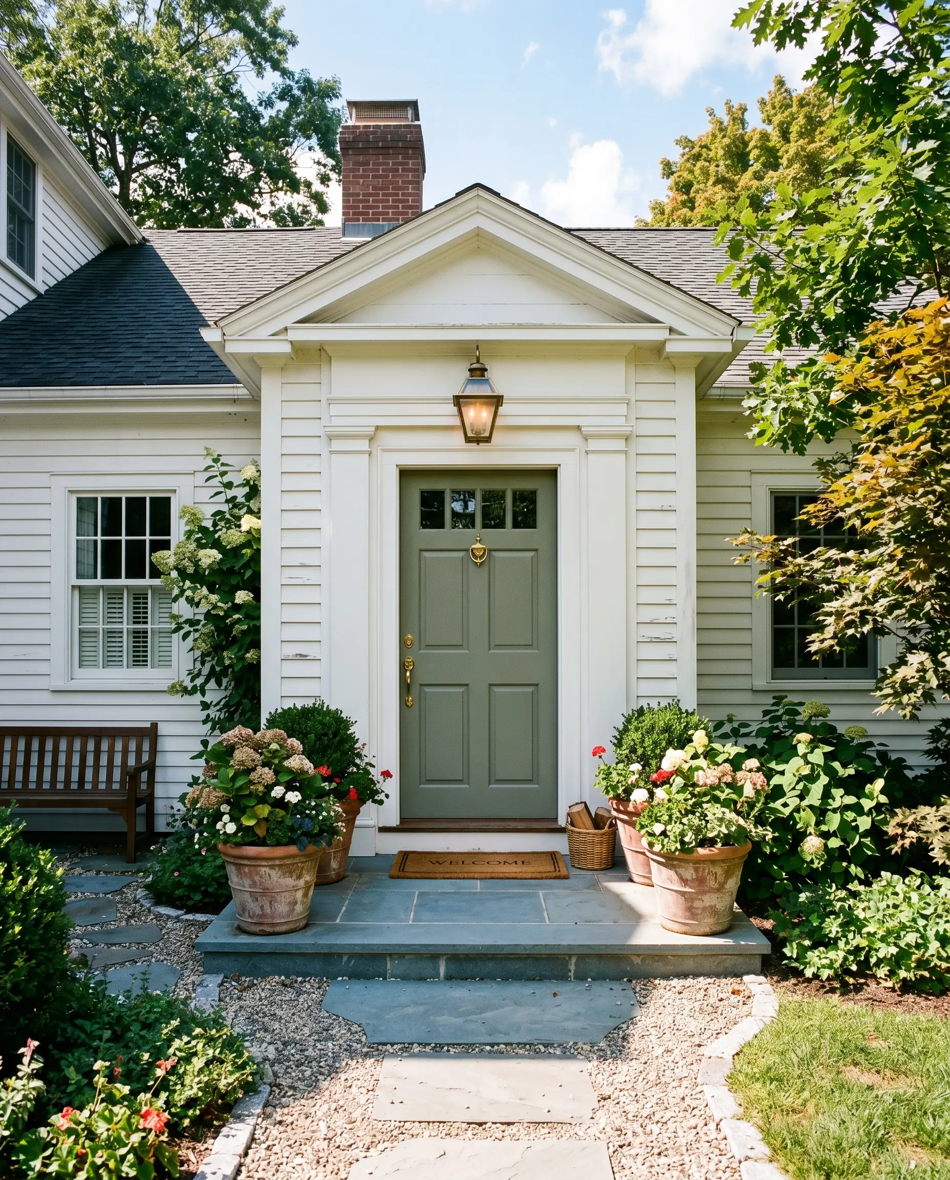 A classic front door painted in a rich grey-green estate emulsion stands out against crisp white clapboard siding, framed by a pair of aged terracotta planters in intense natural sunlight.