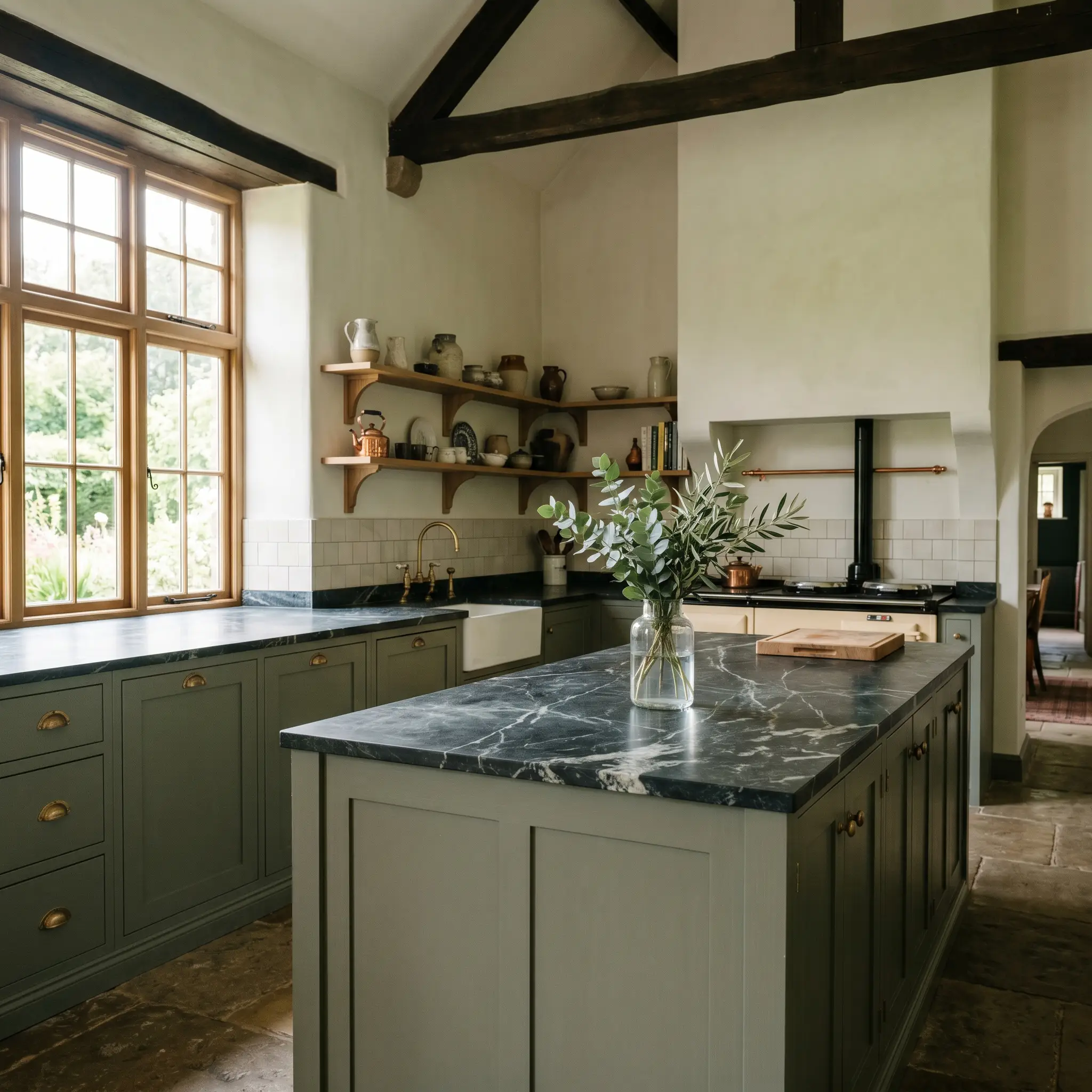 Unlacquered brass cup pulls and heavily veined soapstone countertops accent expansive lower cabinetry and an island painted in a desaturated olive tone within a moody, minimalist kitchen.