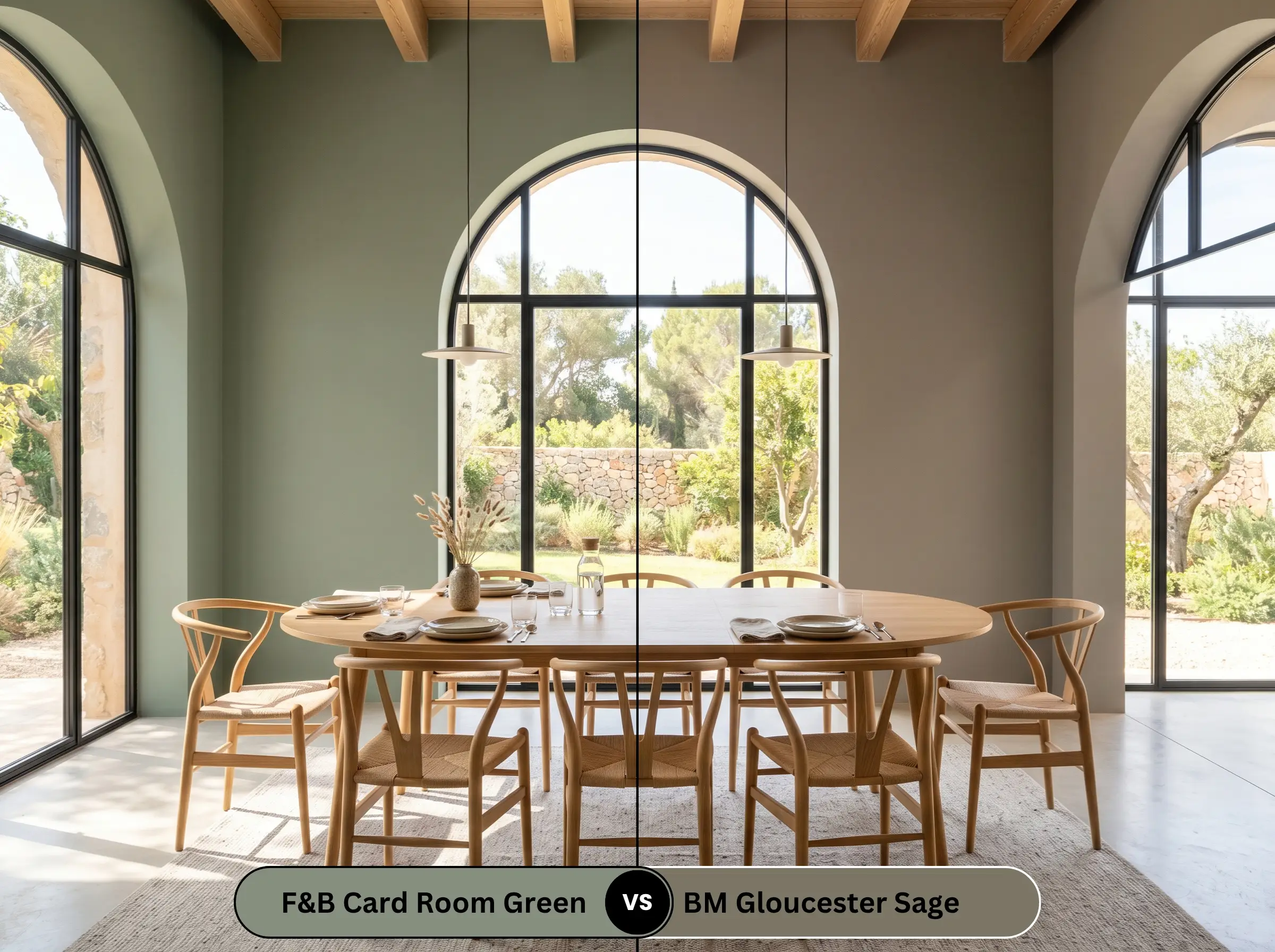 A side-by-side split-screen comparison of Farrow & Ball Card Room Green on the left and Benjamin Moore Gloucester Sage on the right, shown in a sunlit dining space with a round dining table.