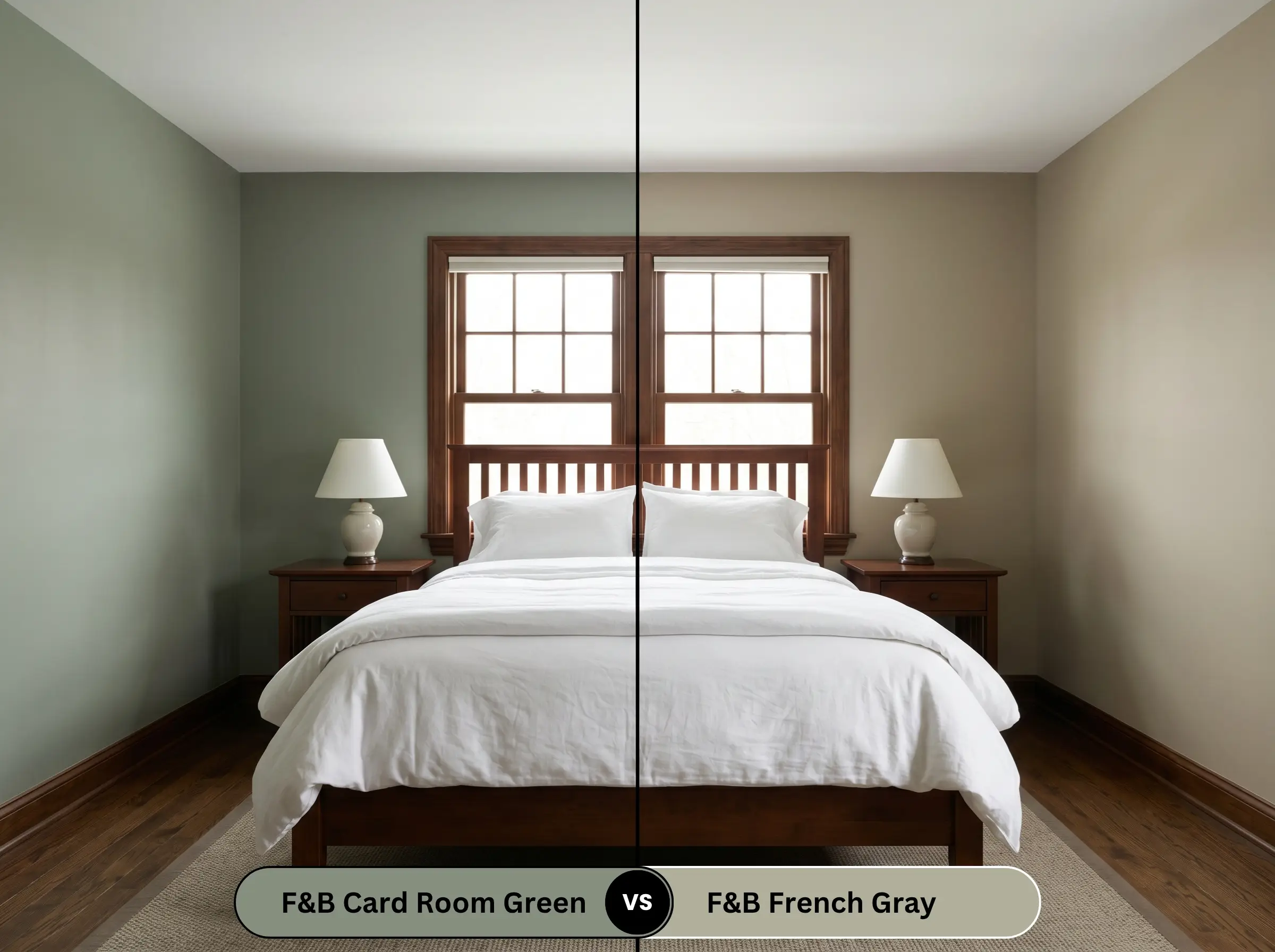 A side-by-side split-screen comparison of Farrow & Ball Card Room Green on the left and Farrow & Ball French Gray on the right, shown in a traditional bedroom with white linens and dark wood nightstands.