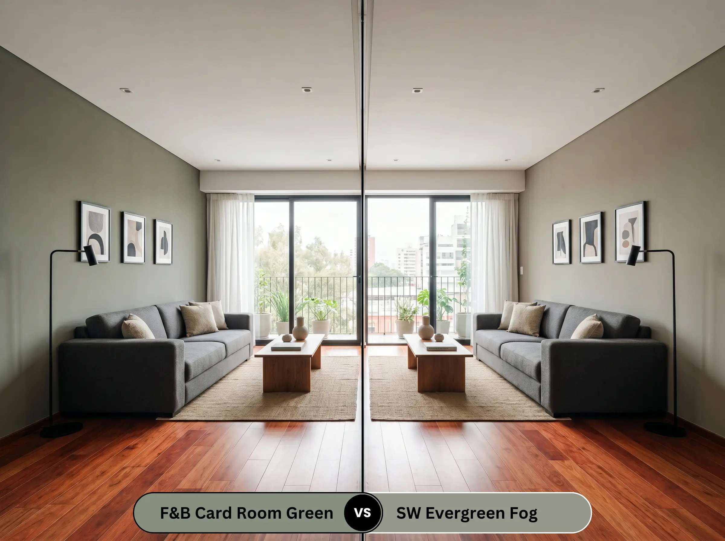 A side-by-side split-screen comparison of Farrow & Ball Card Room Green on the left and Sherwin-Williams Evergreen Fog on the right, shown in a modern living room featuring warm red-toned wood floors.