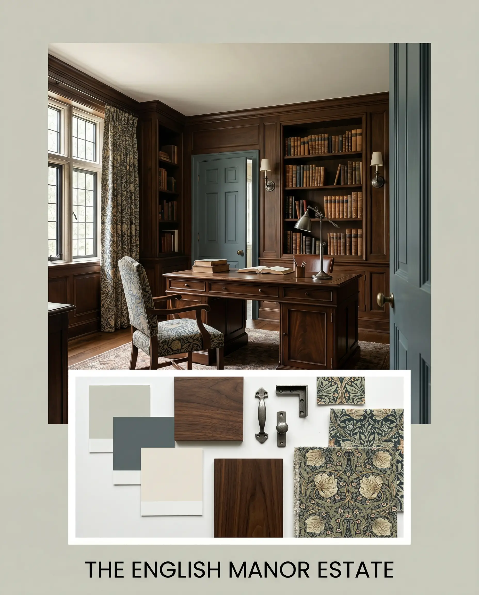 An editorial mood board titled THE ENGLISH MANOR ESTATE showcases a historic study above a flat-lay of dark walnut wood, pewter hardware, and Farrow & Ball Cromarty (Hex #caccc0) paint swatches.