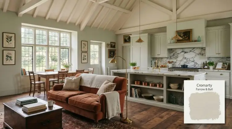 An open-plan heritage kitchen and living space features shaker cabinetry and walls painted in Farrow & Ball Cromarty (Hex #caccc0), paired with Calacatta Viola marble countertops and a rust-toned velvet sofa.