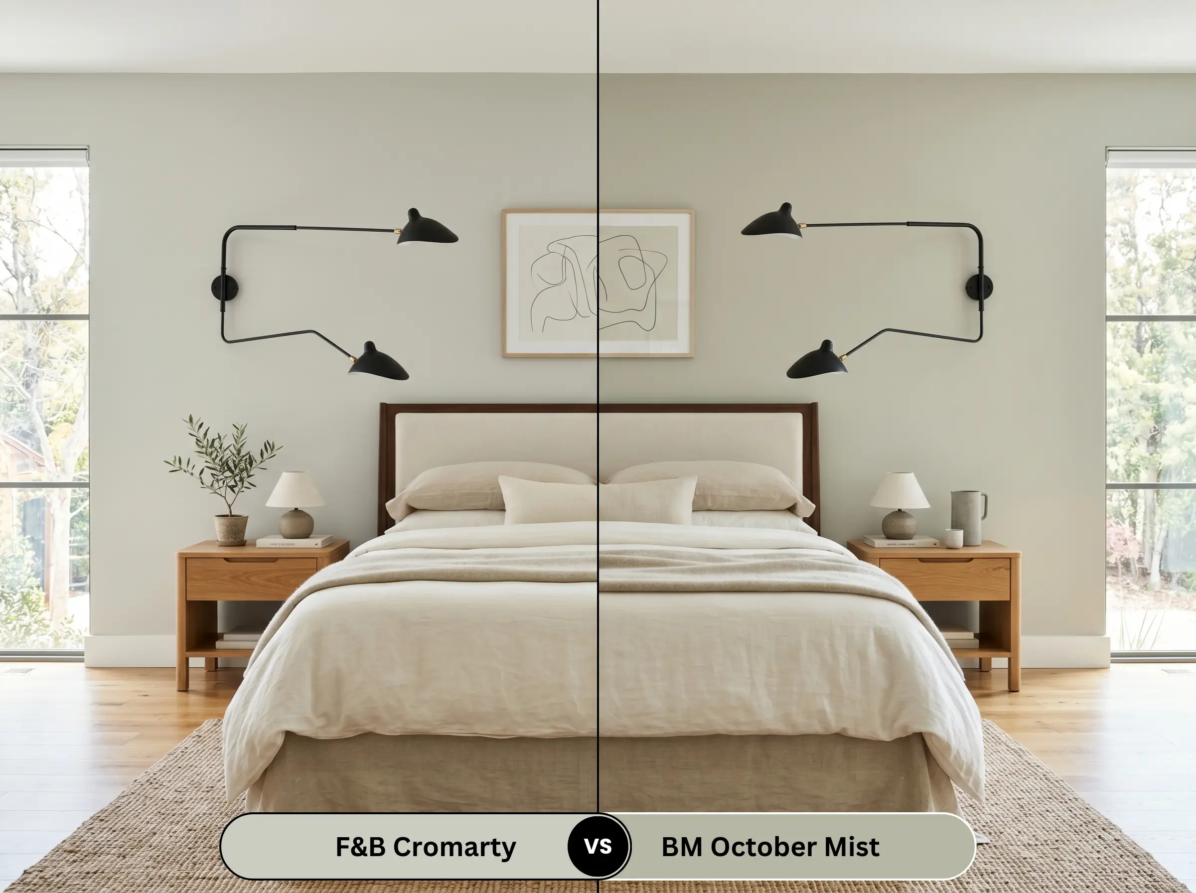 A side-by-side split-screen comparison of Farrow & Ball Cromarty on the left and Benjamin Moore October Mist on the right, shown in a bright bedroom featuring crisp linen sheets and matte black iron sconces.