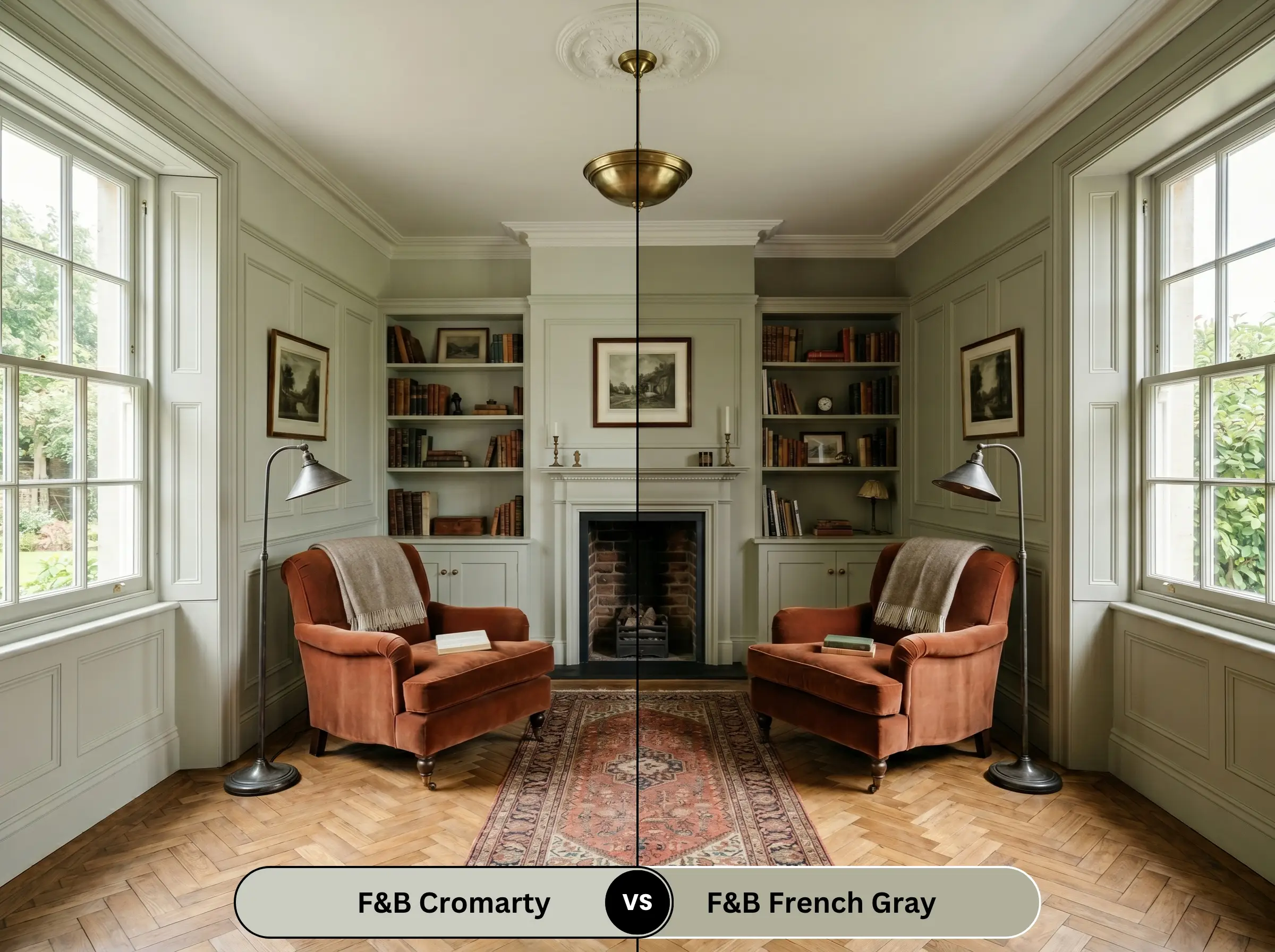 A side-by-side split-screen comparison of Farrow & Ball Cromarty on the left and Farrow & Ball French Gray on the right, shown in a cozy study with picture frame wainscoting and a rust-toned velvet armchair.